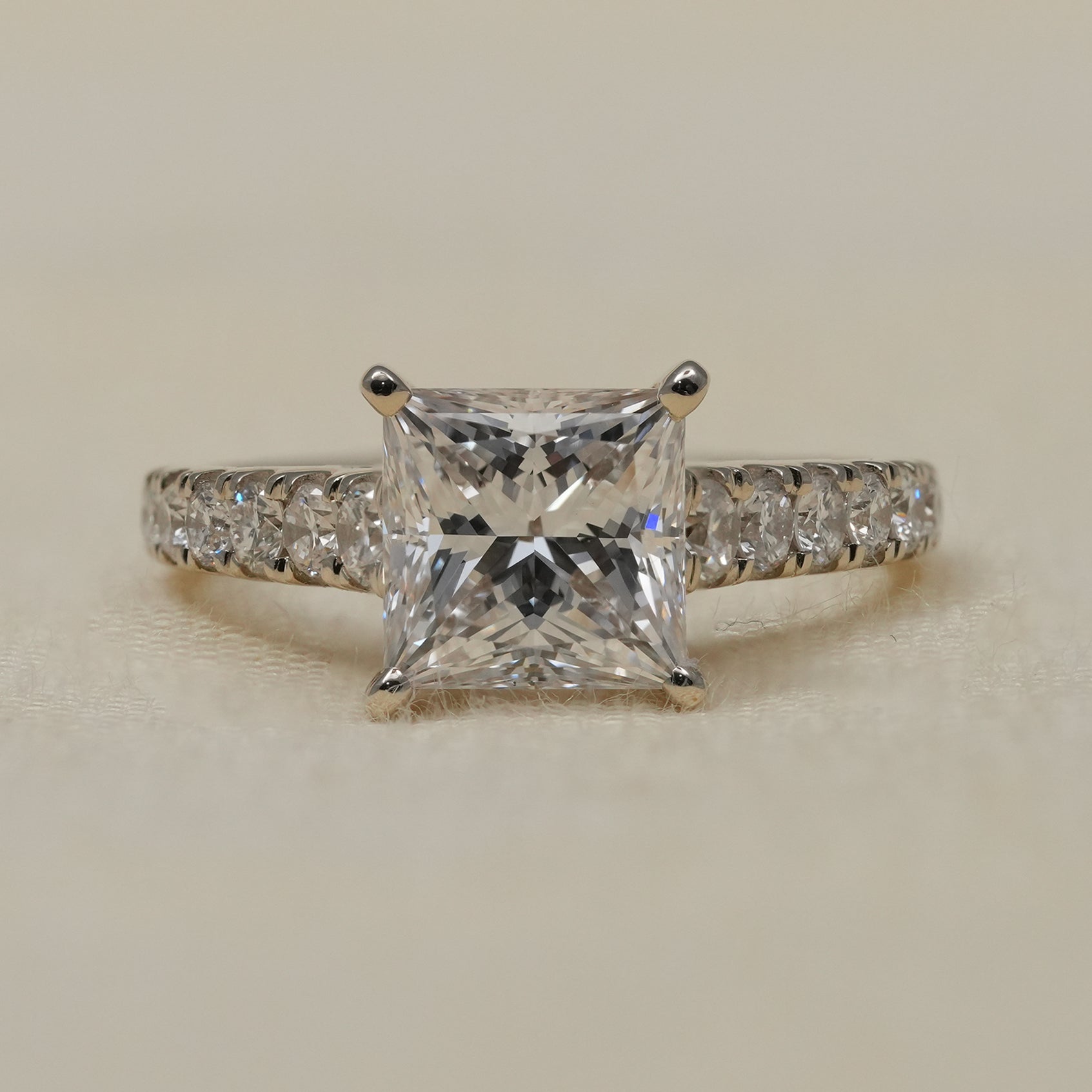 Princess cut lab grown diamond engagement ring with pavé band