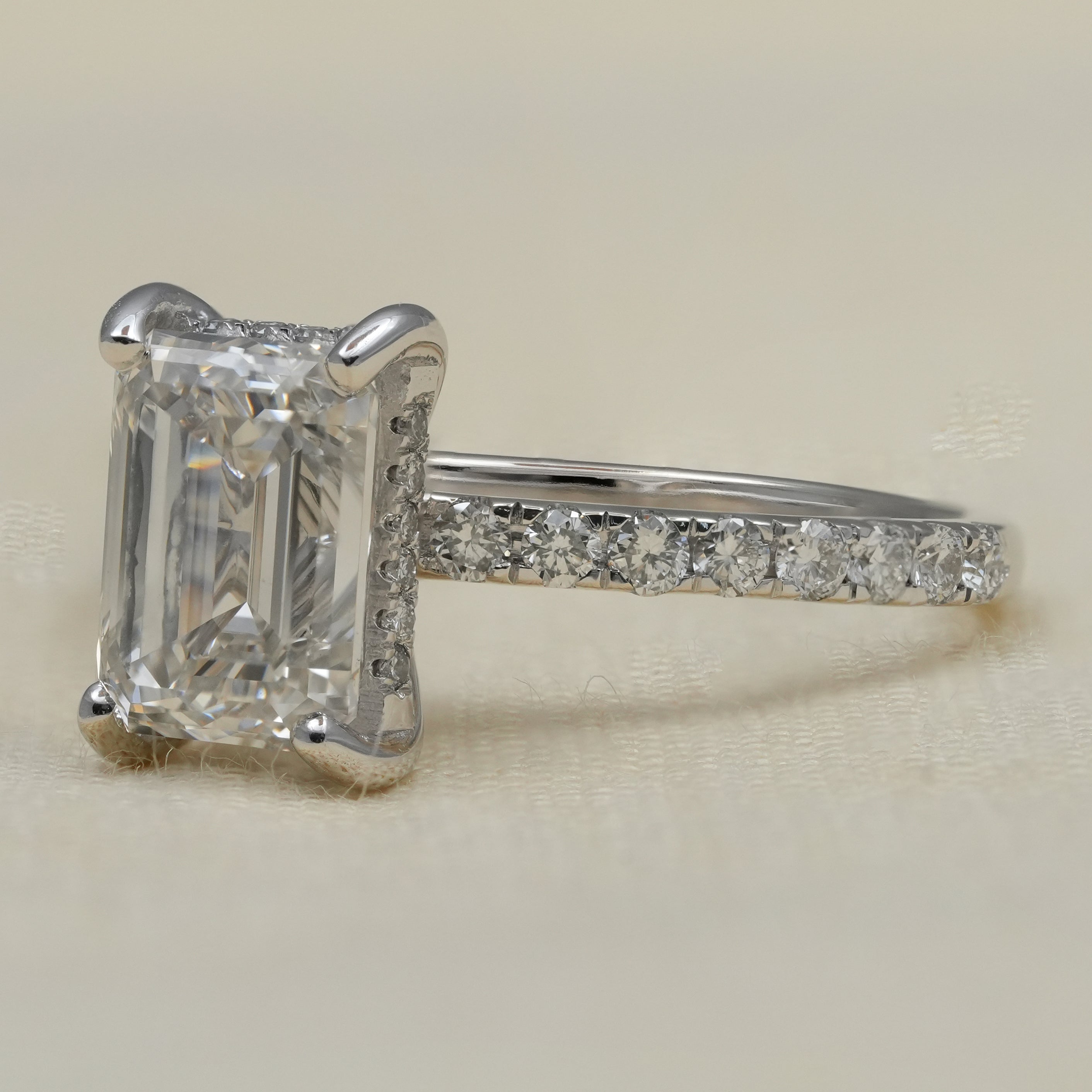 Solitaire emerald lab grown diamond ring classic pavé bridal setting
