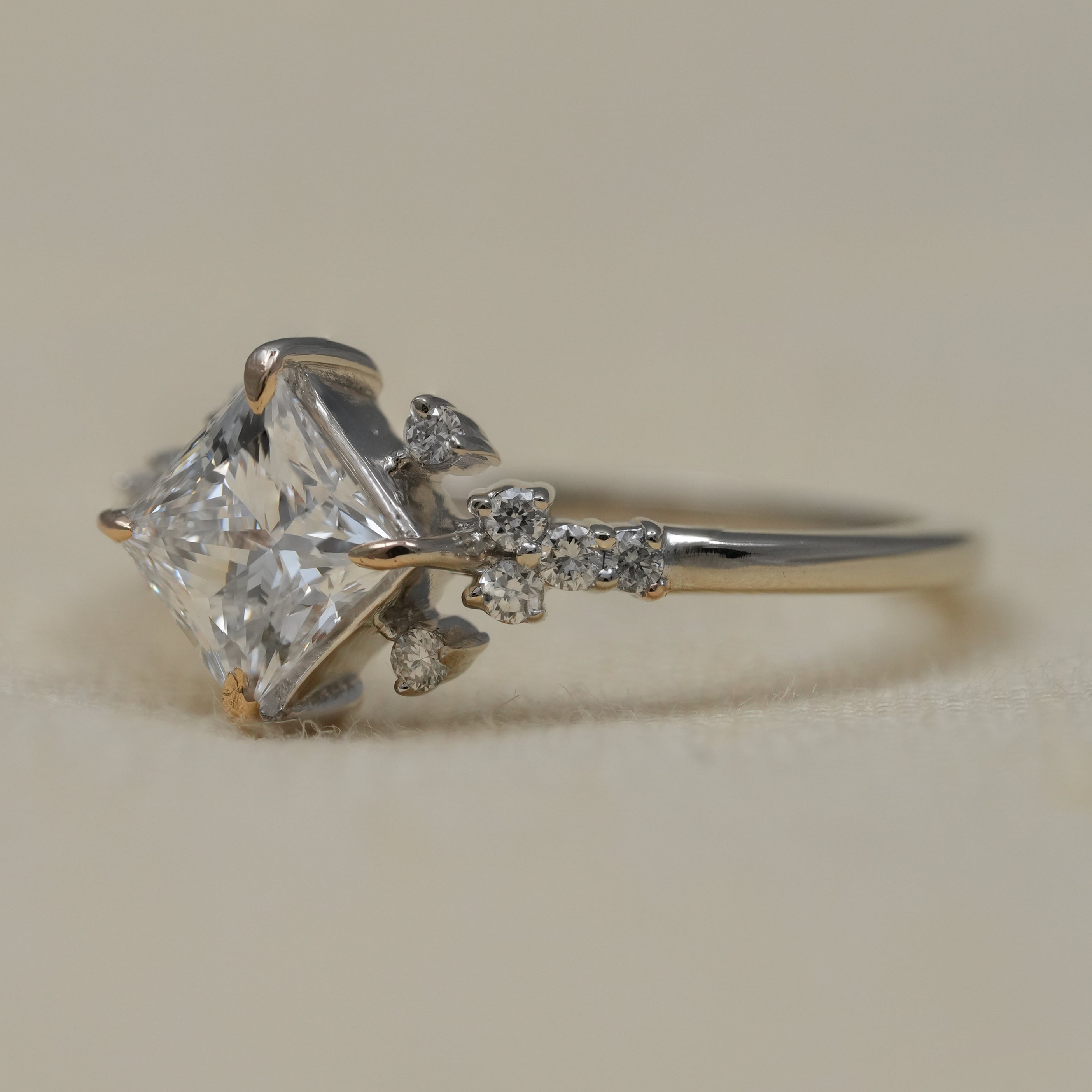 Elegant princess lab grown diamond ring in white and yellow gold
