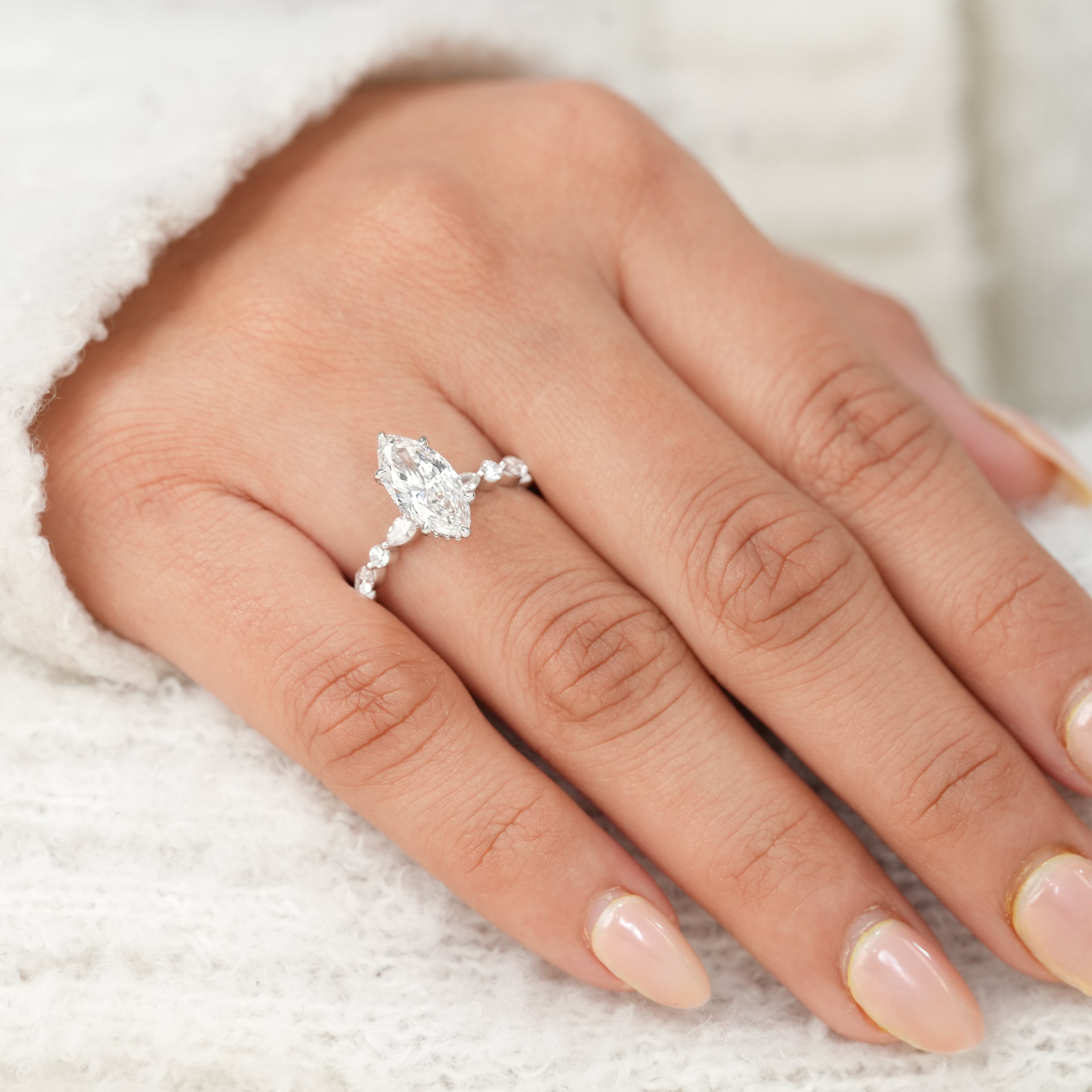 Marquise Lab Diamond Hidden Halo Engagement Ring