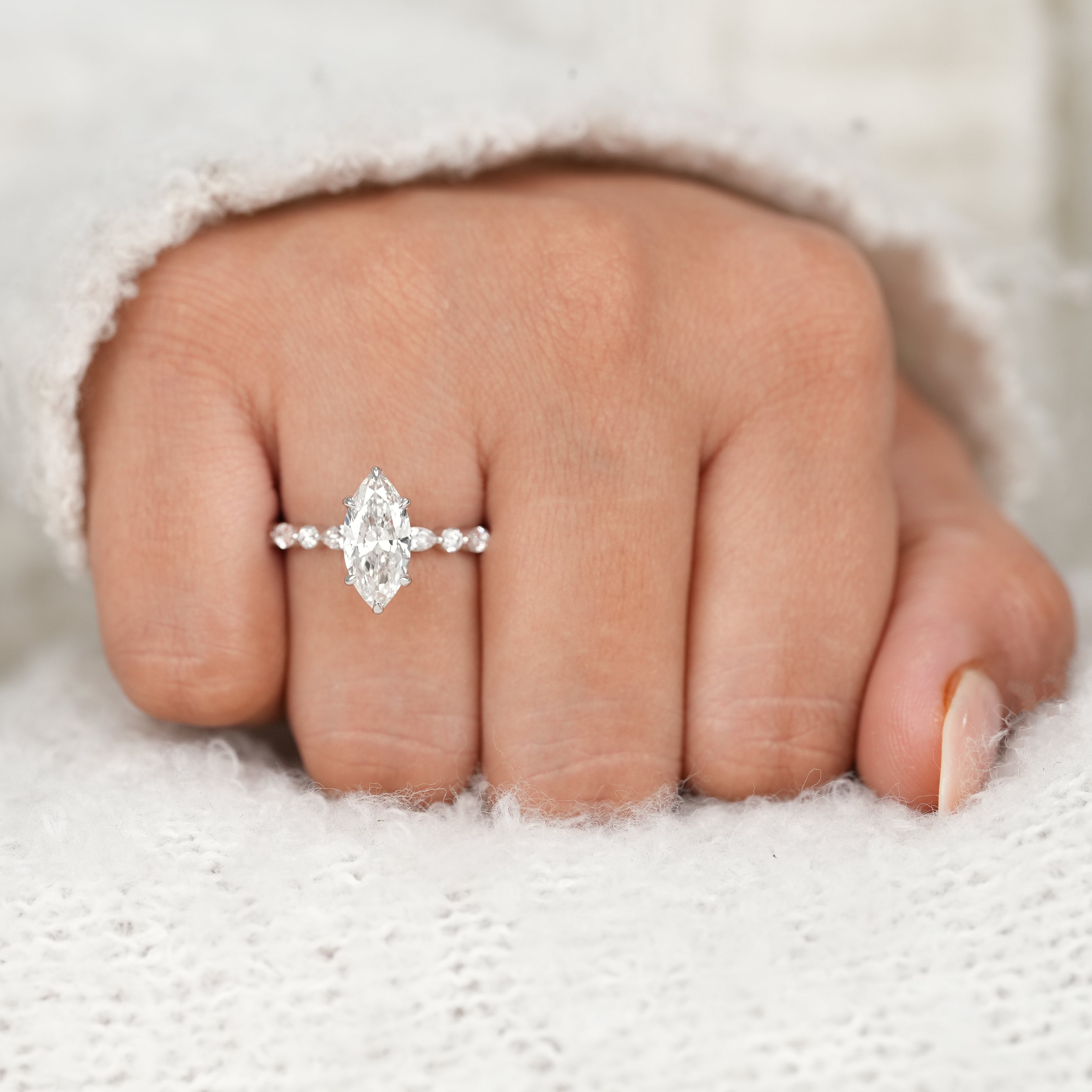 Marquise Lab Diamond Hidden Halo Engagement Ring