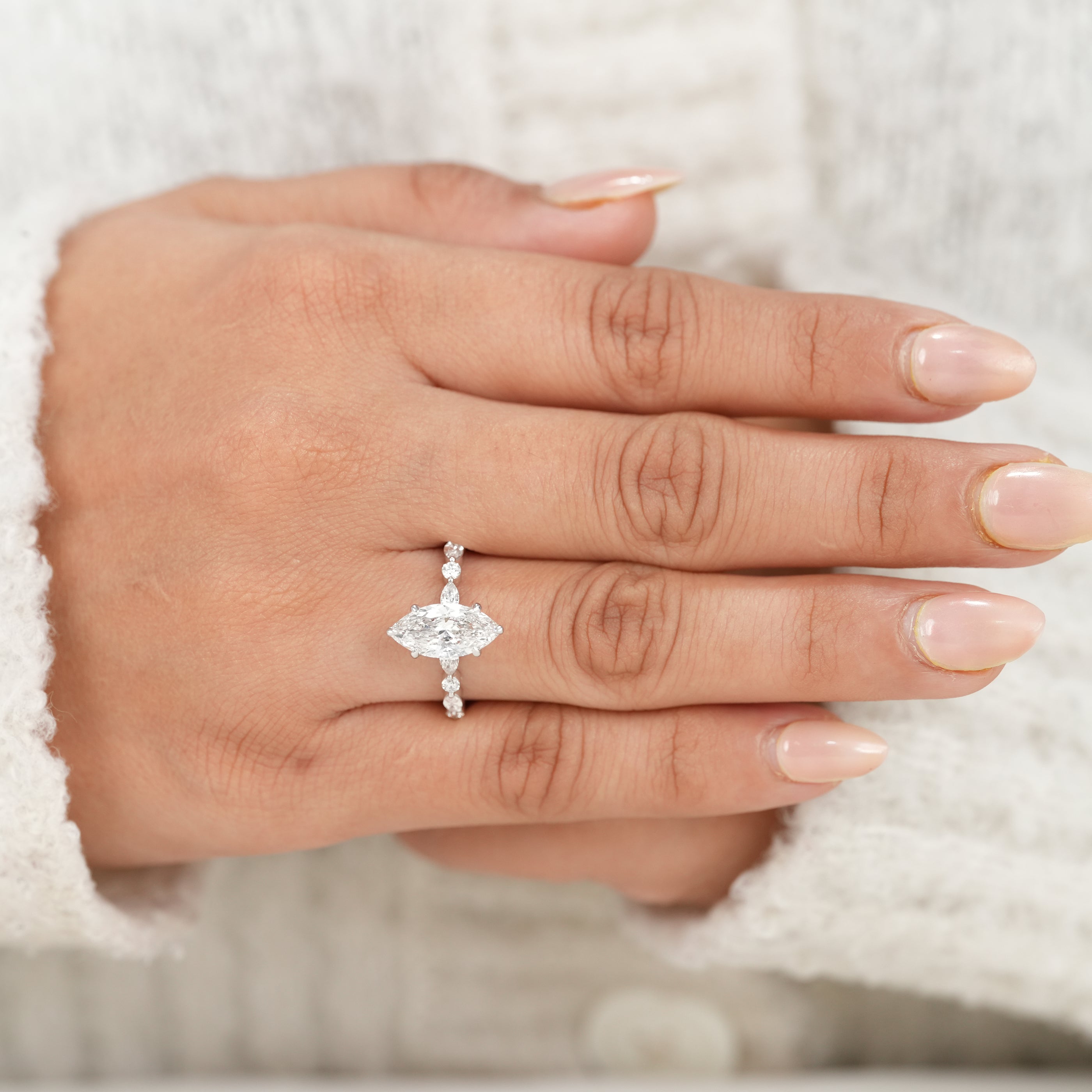 Marquise Lab Diamond Hidden Halo Engagement Ring