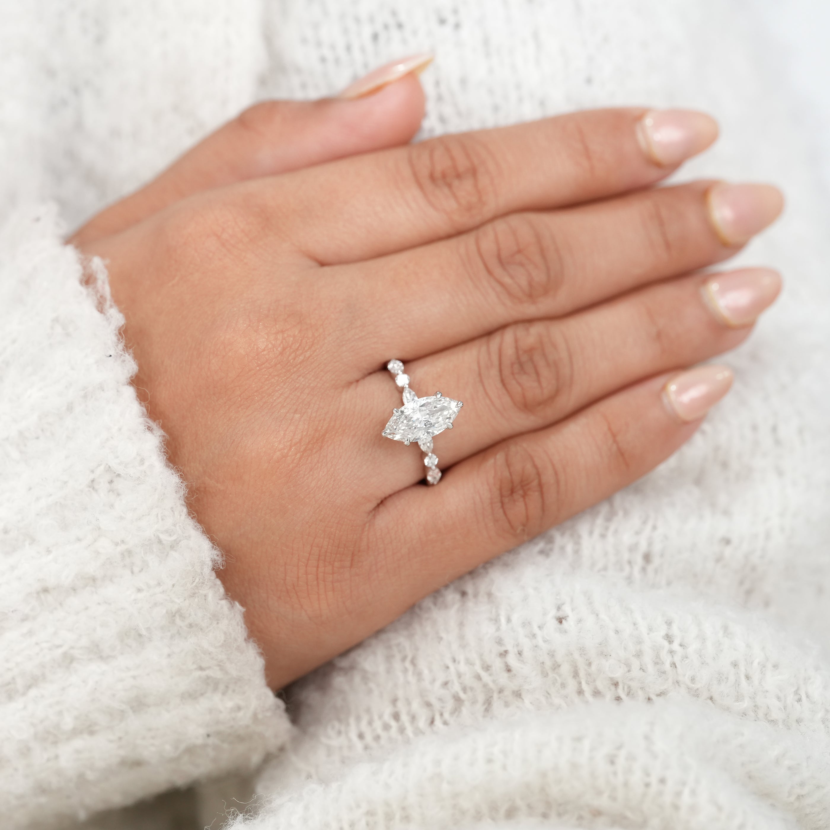 Marquise Lab Diamond Hidden Halo Engagement Ring