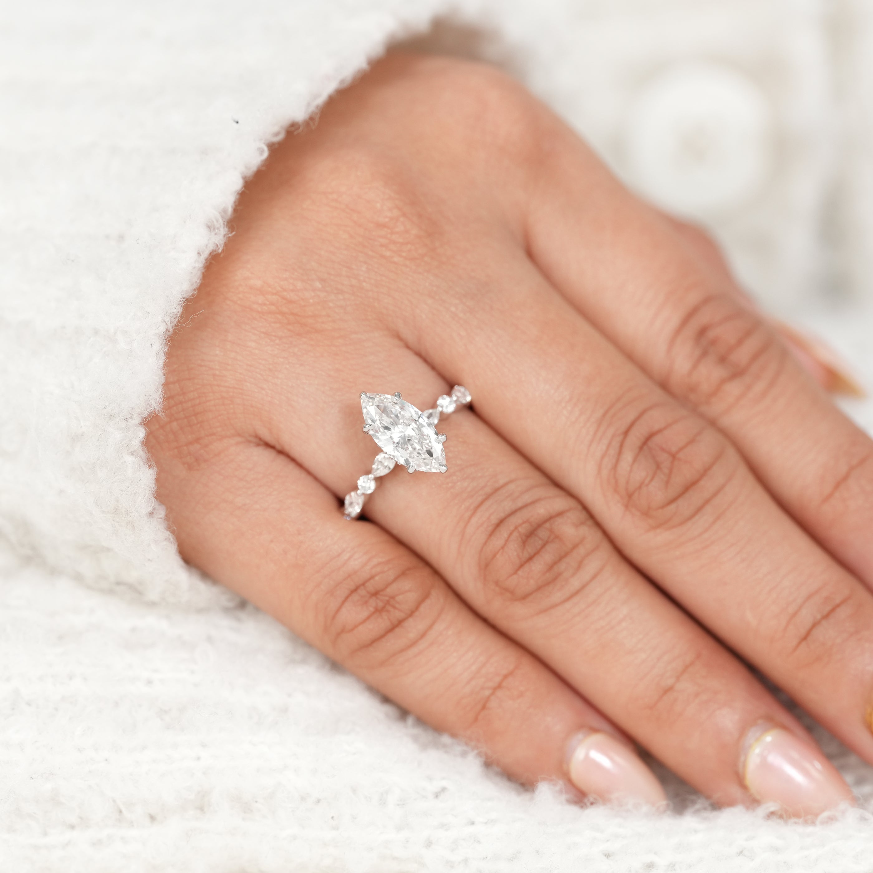 Marquise Lab Diamond Hidden Halo Engagement Ring