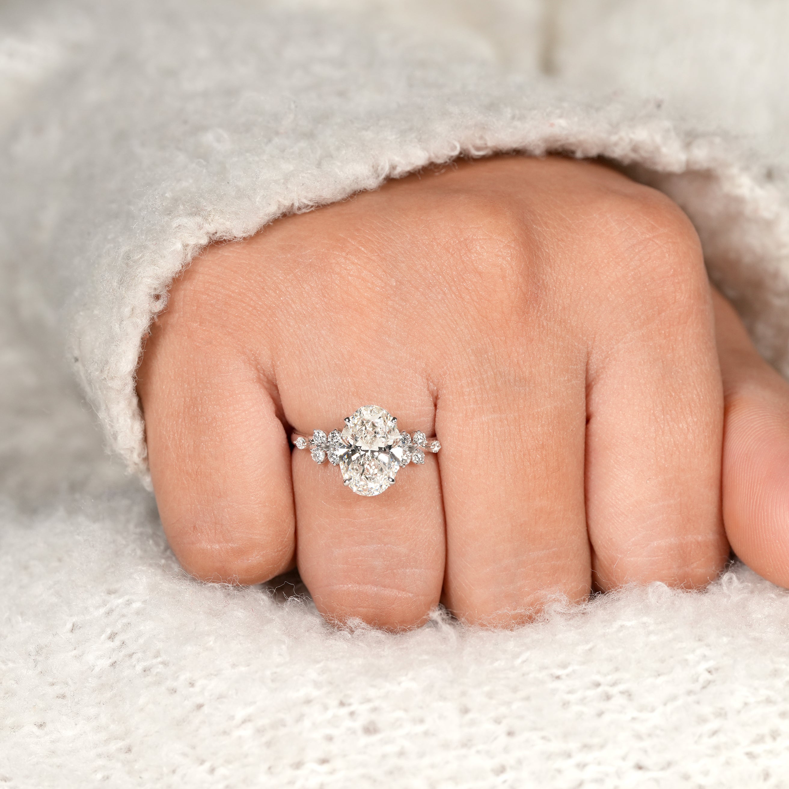 Romantic Floral Cluster Oval Lab Grown Diamond Engagement Ring