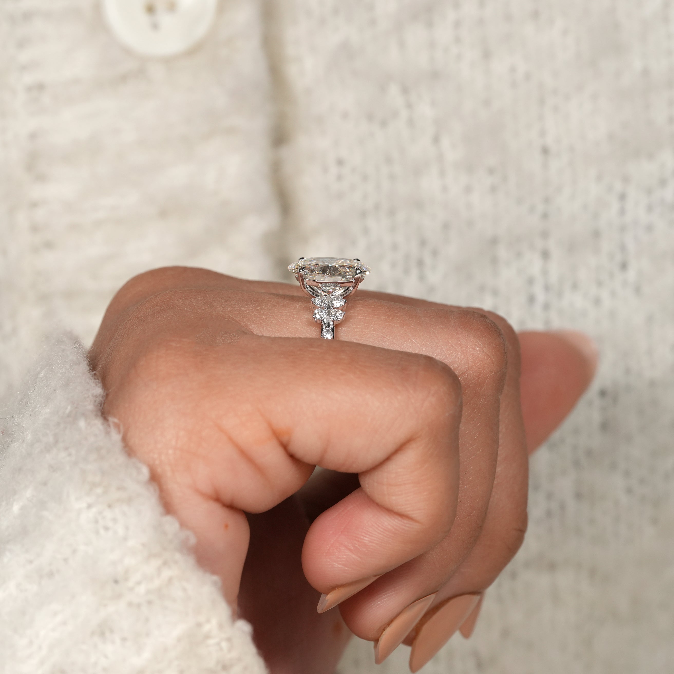 Elegant Oval Lab Diamond Ring with Round Diamond Flower Clusters