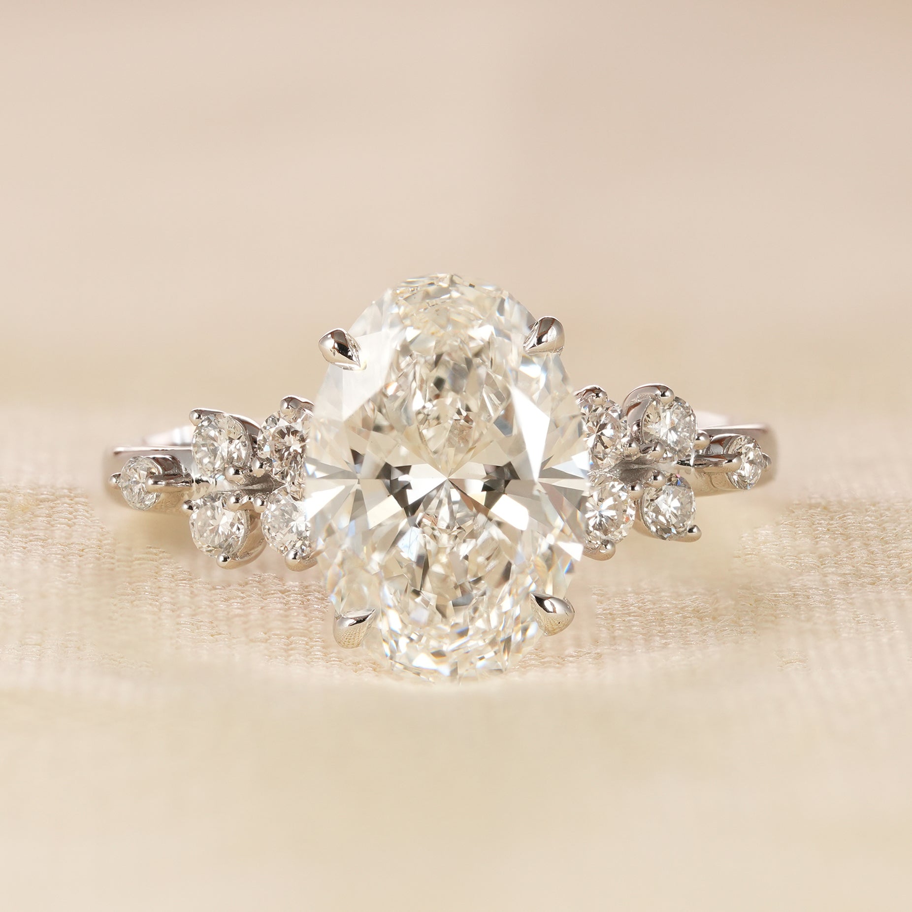 Floral Cluster Oval Cut Lab Diamond Engagement Ring in White Gold