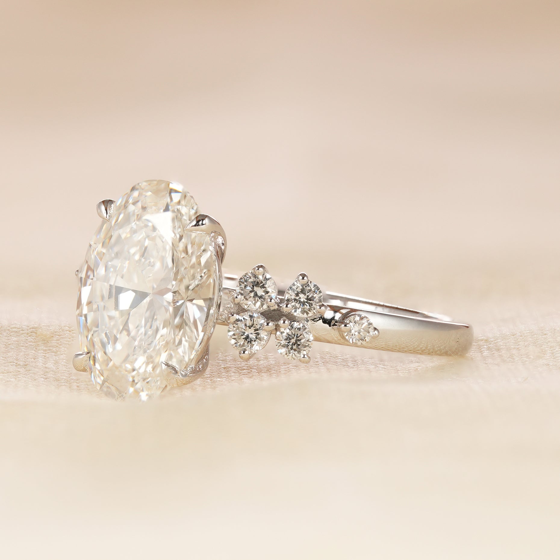Oval Cut Lab Diamond Ring with Floral Diamond Cluster Side Stones
