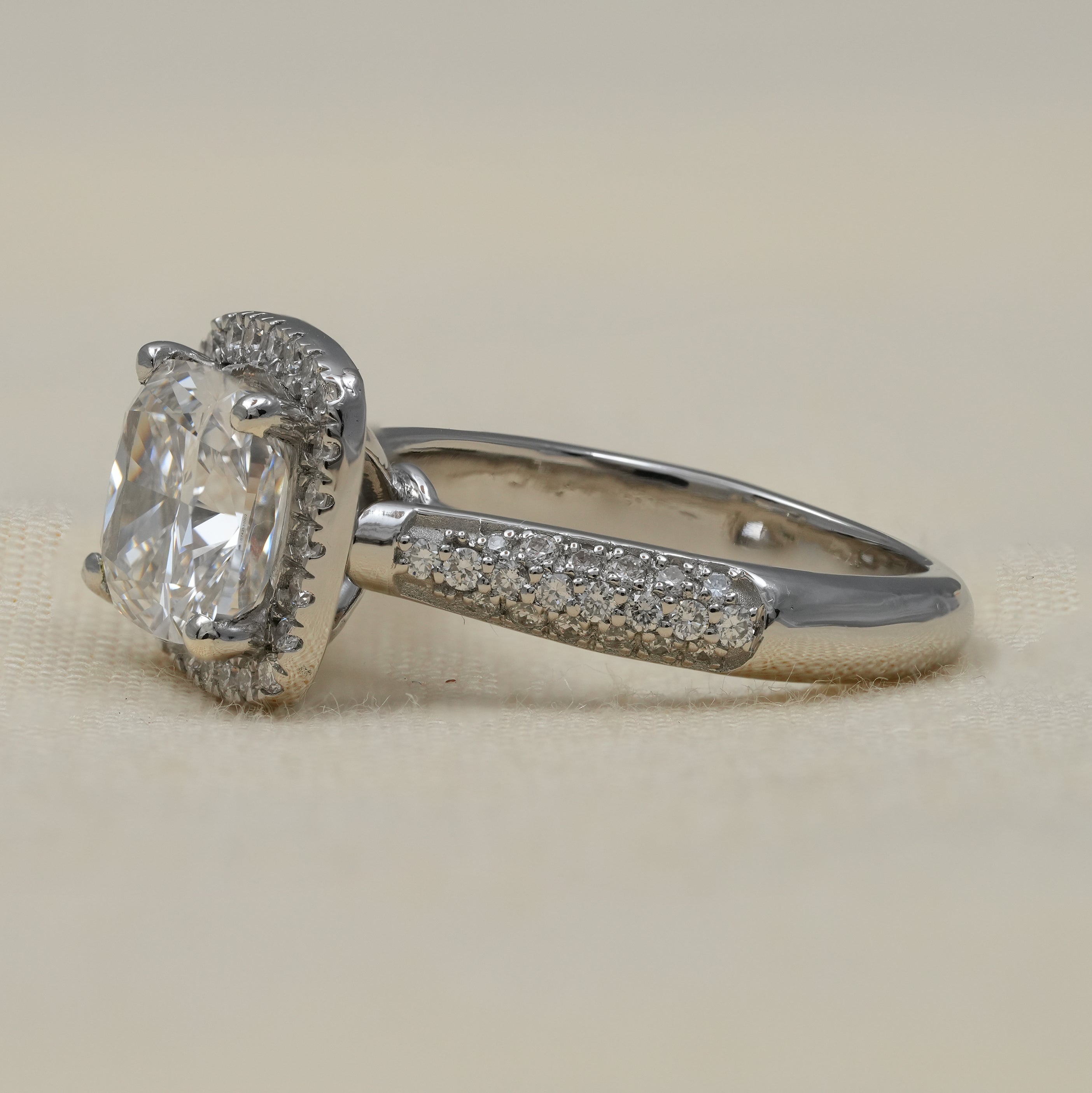Luxury cushion lab grown diamond ring in polished white gold