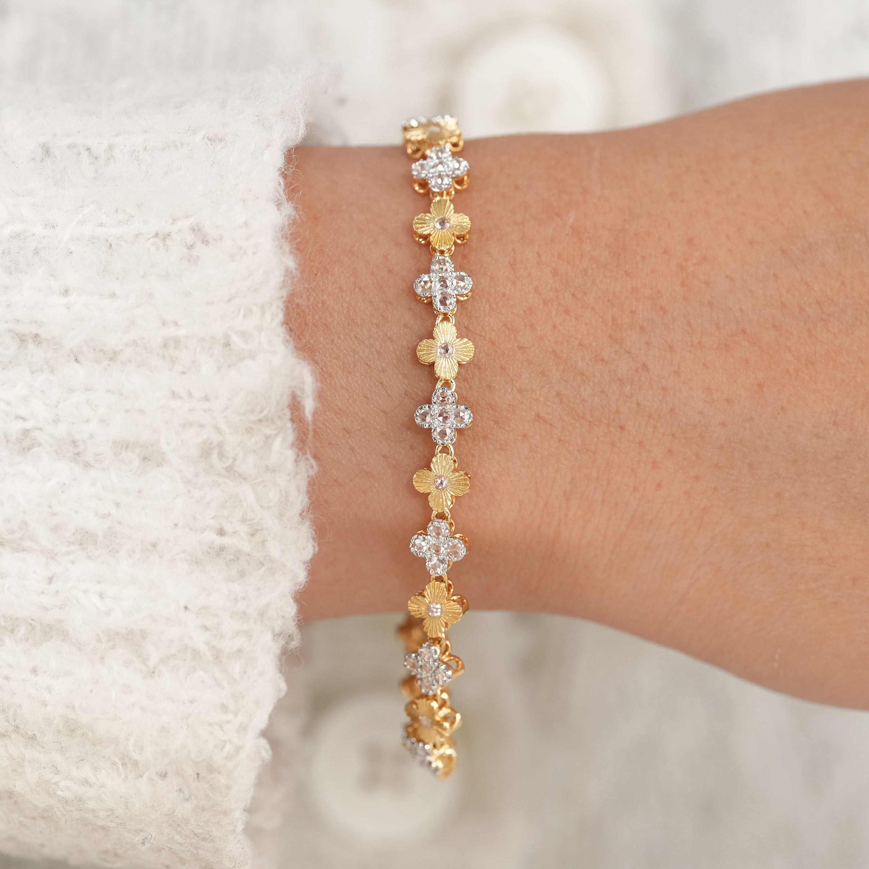 Motif Design Floral Rose Cut Lab Diamond Tennis Bracelet