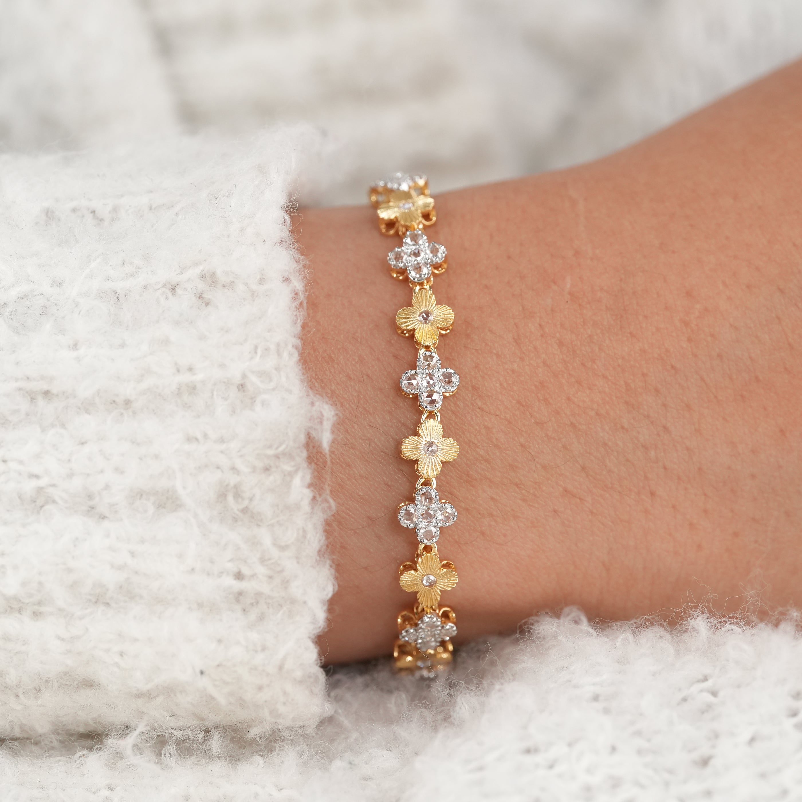 Motif Design Floral Rose Cut Lab Diamond Tennis Bracelet