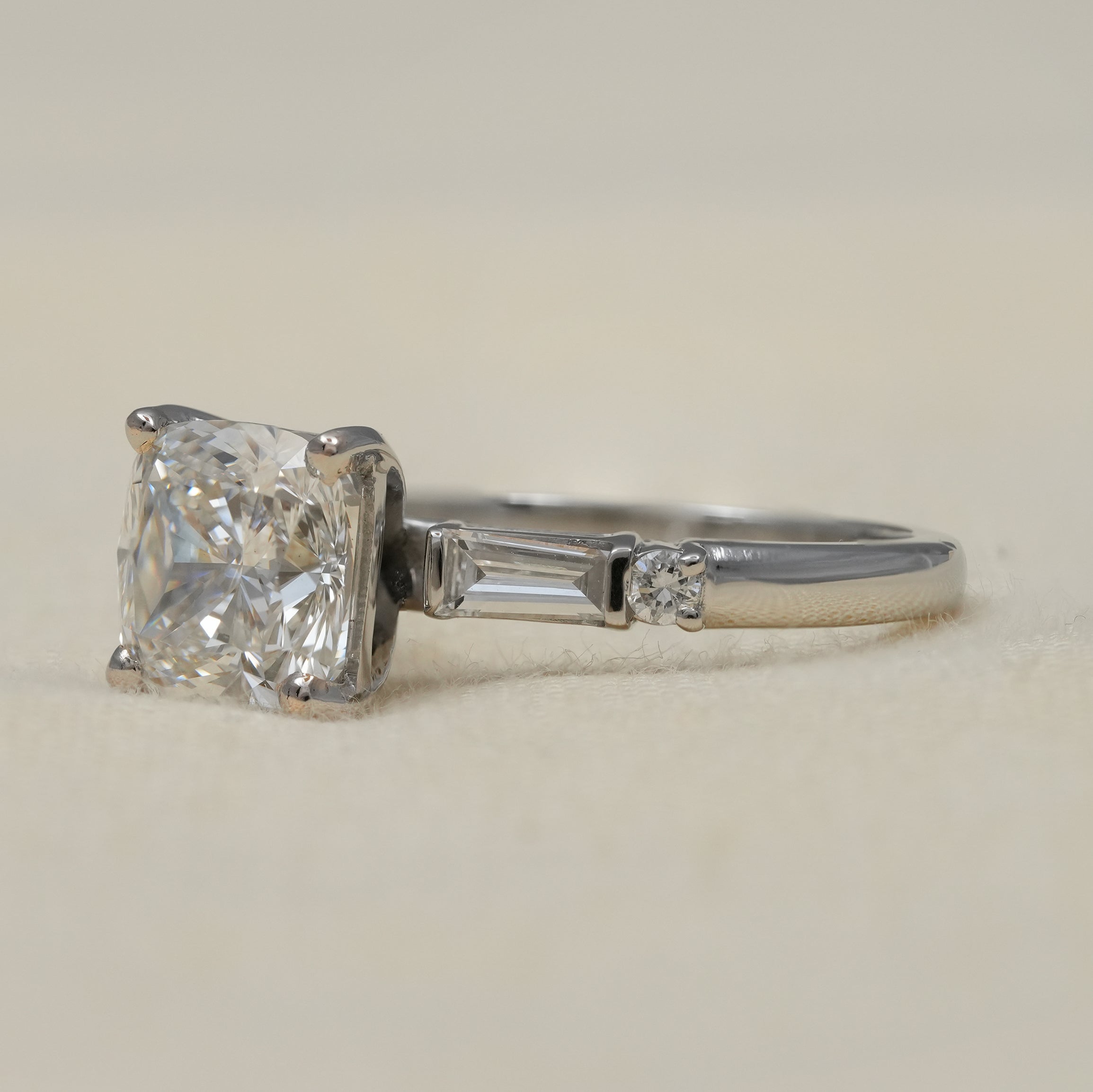 Luxury cushion lab grown diamond solitaire with baguette accents