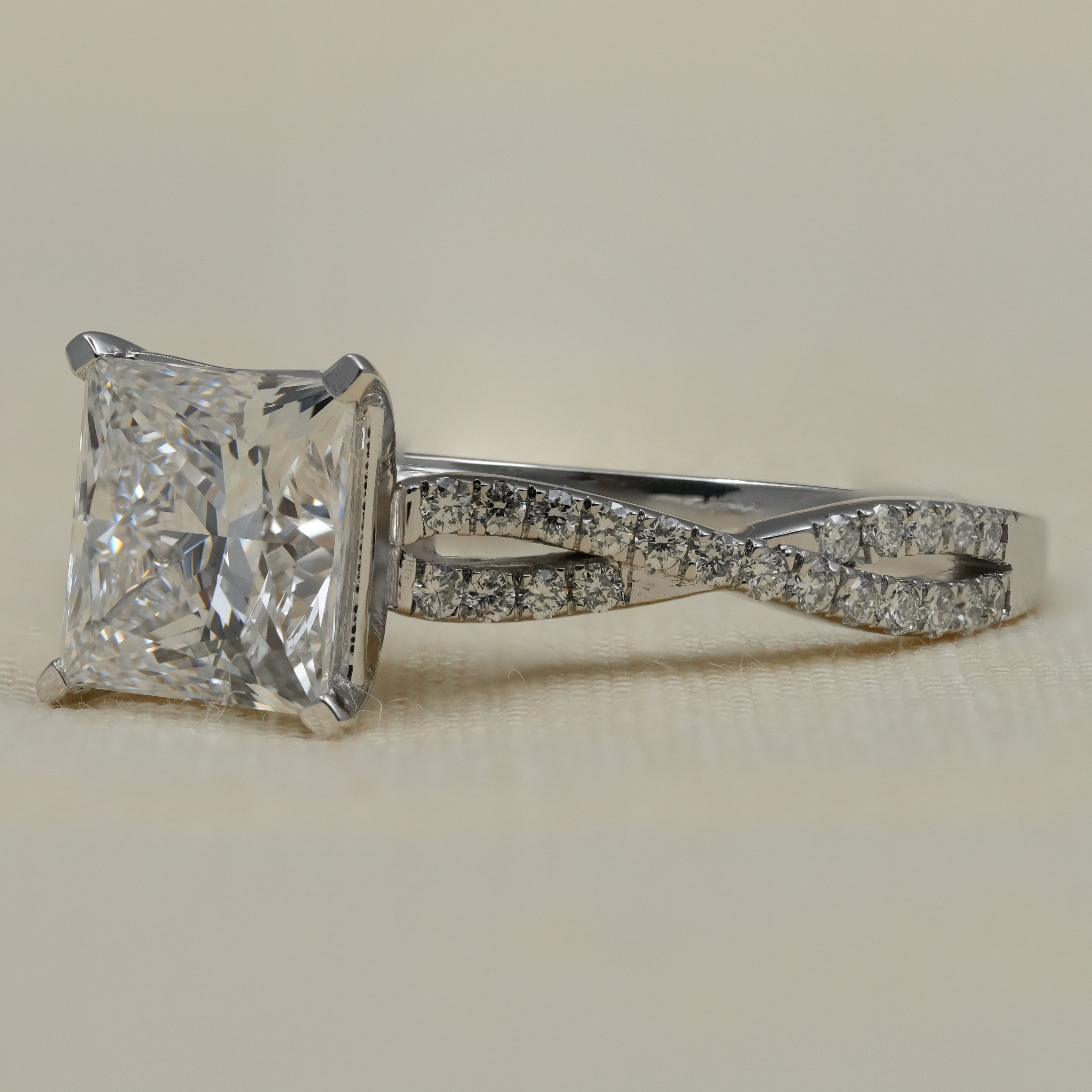 Square princess lab grown diamond ring elegant split shank pavé setting