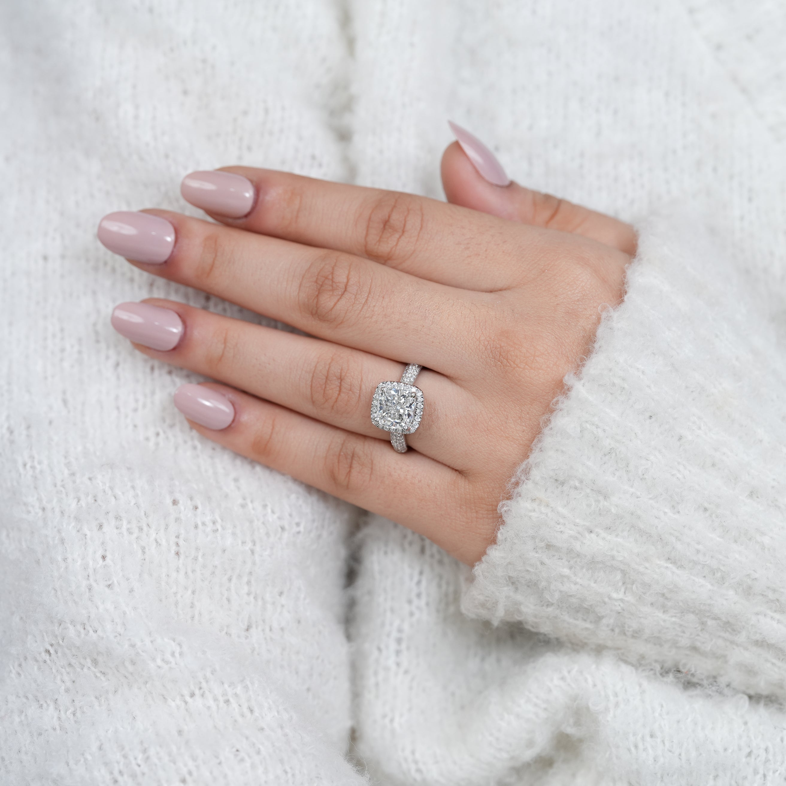 Elegant cushion lab grown diamond ring with sparkling halo frame
