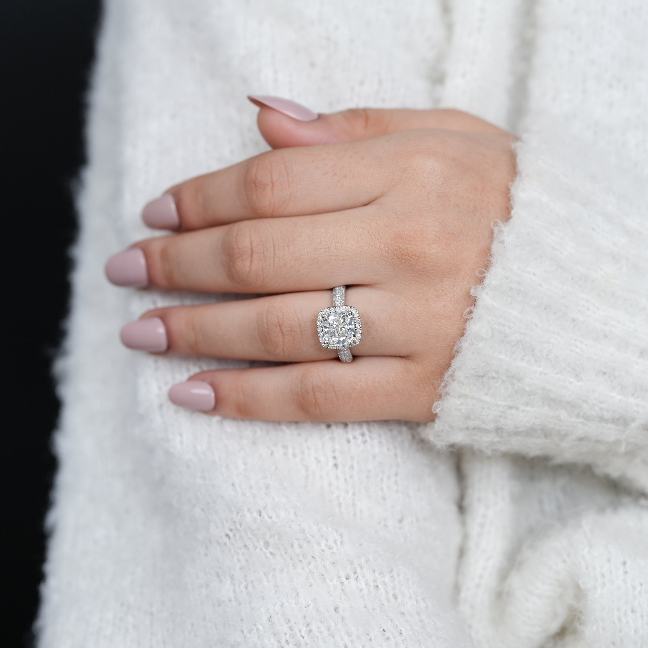 Fine jewelry cushion lab grown diamond halo ring with brilliance
