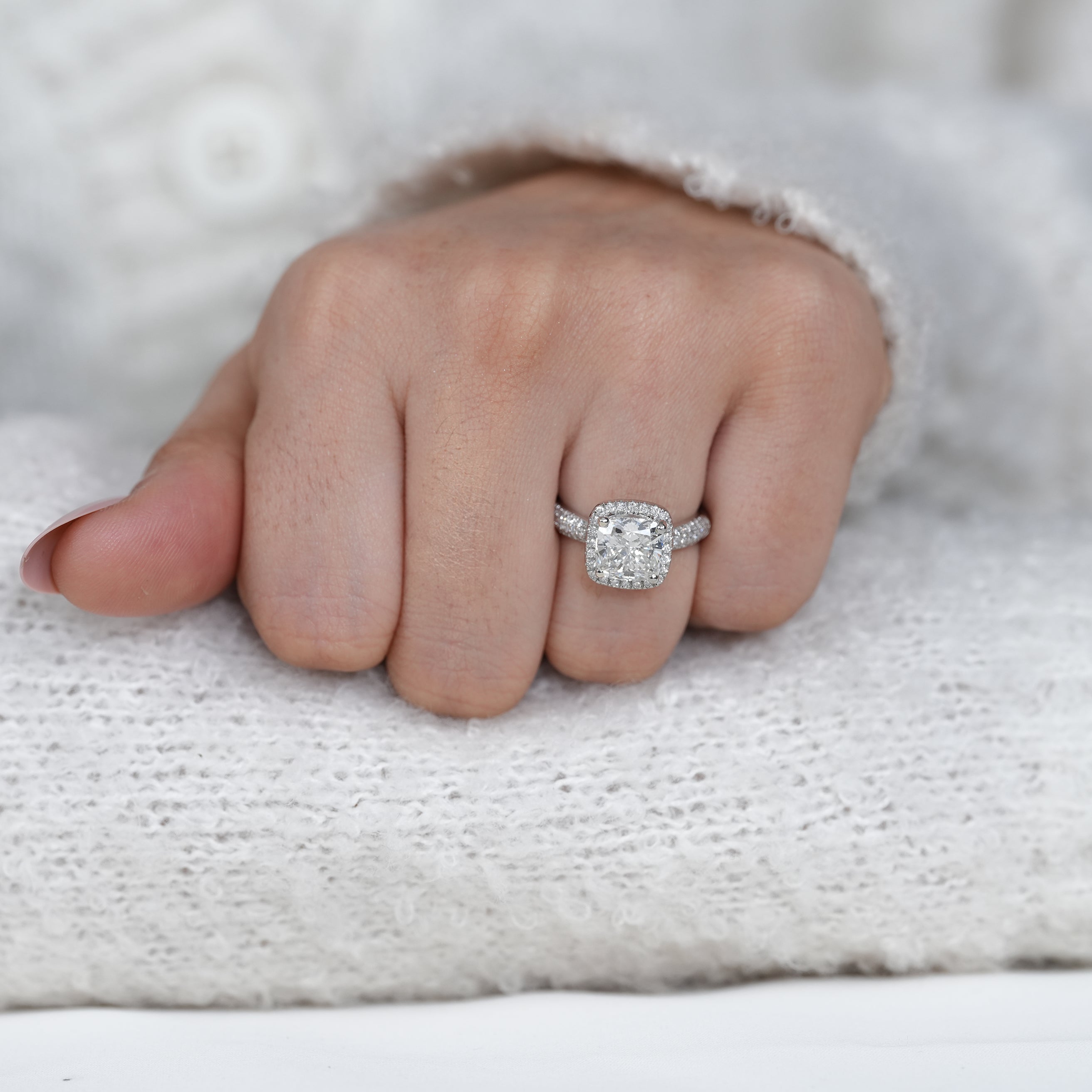 Timeless cushion lab grown diamond ring with diamond pavé band