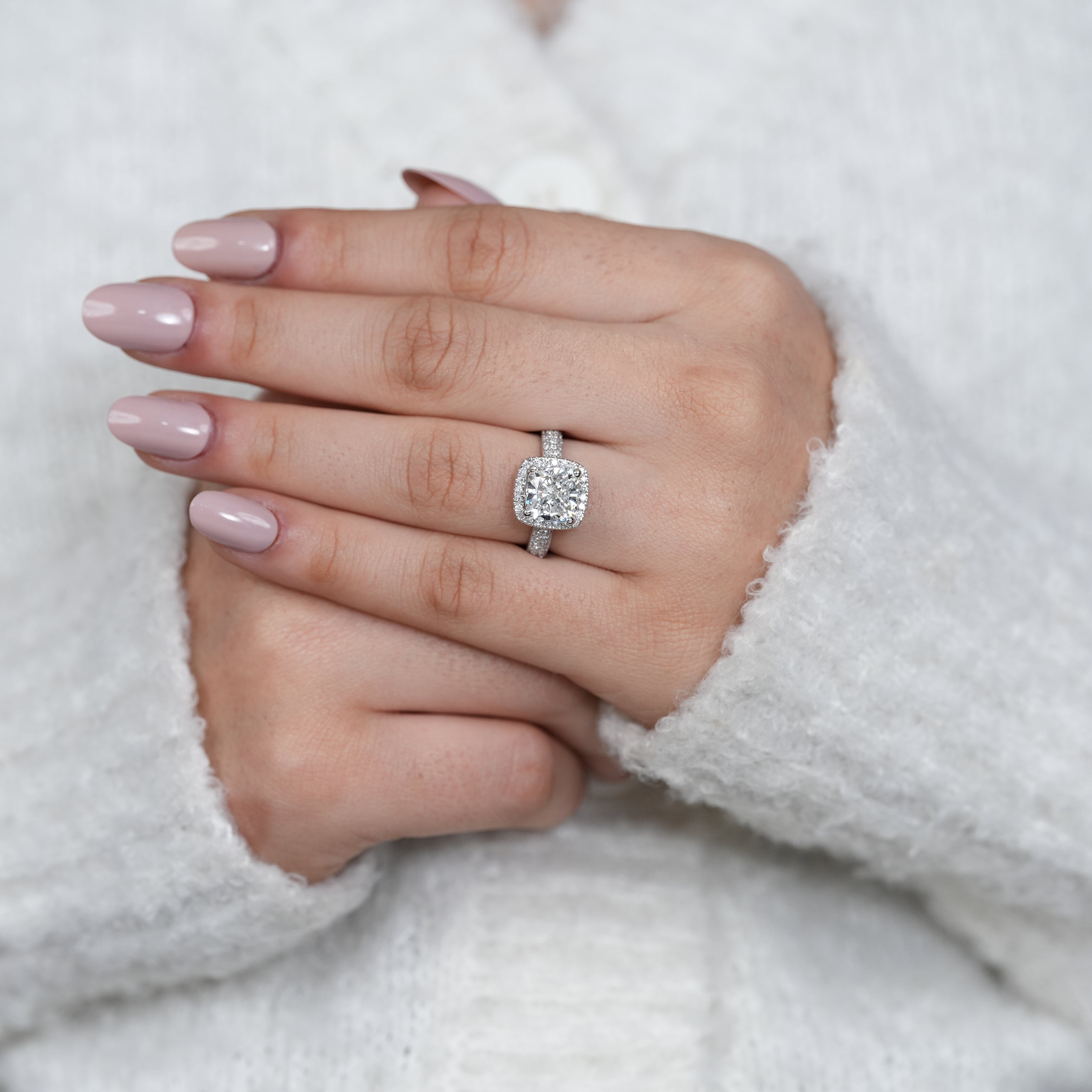 Statement cushion lab grown diamond ring with double pavé band
