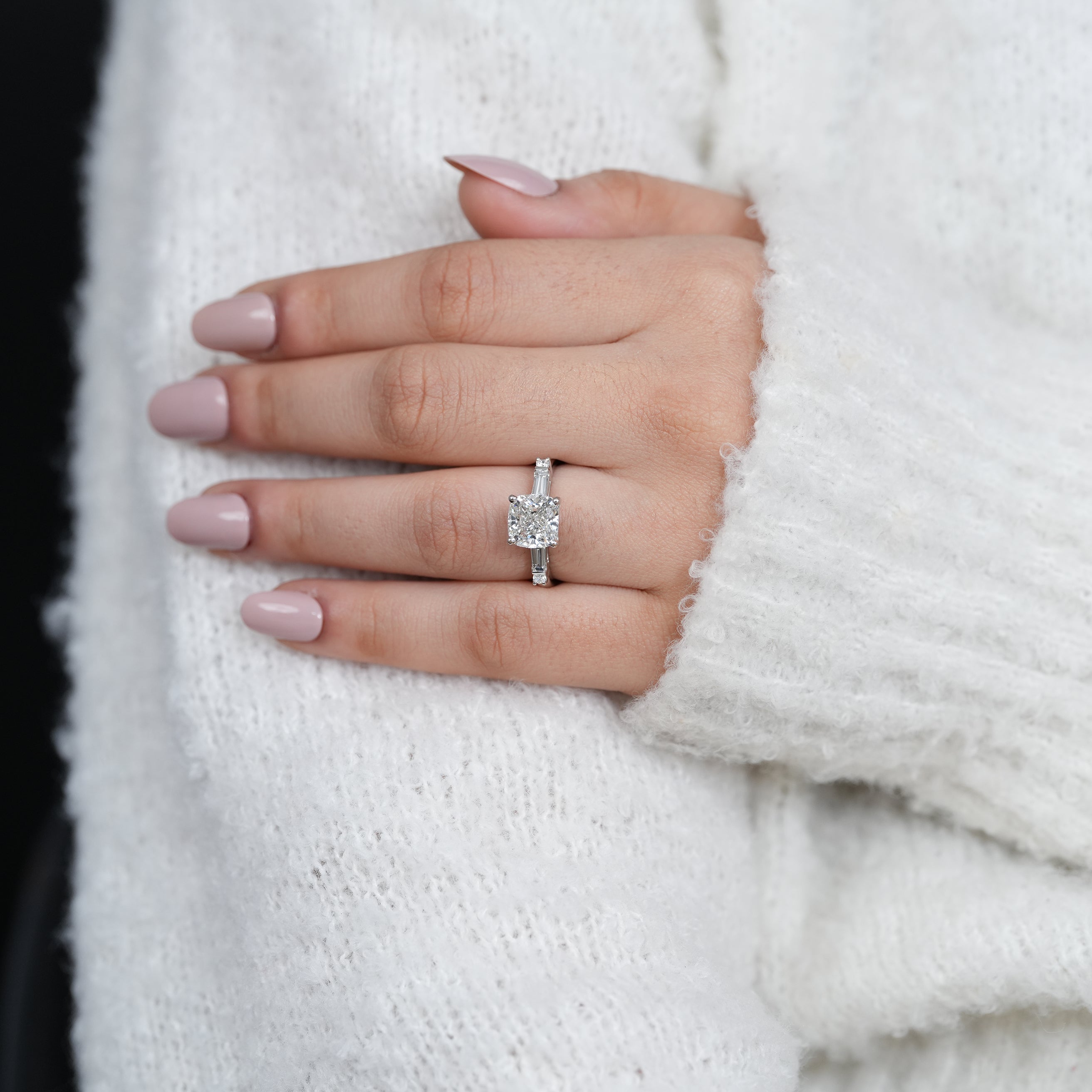 Timeless cushion lab grown diamond ring with tapered side diamonds