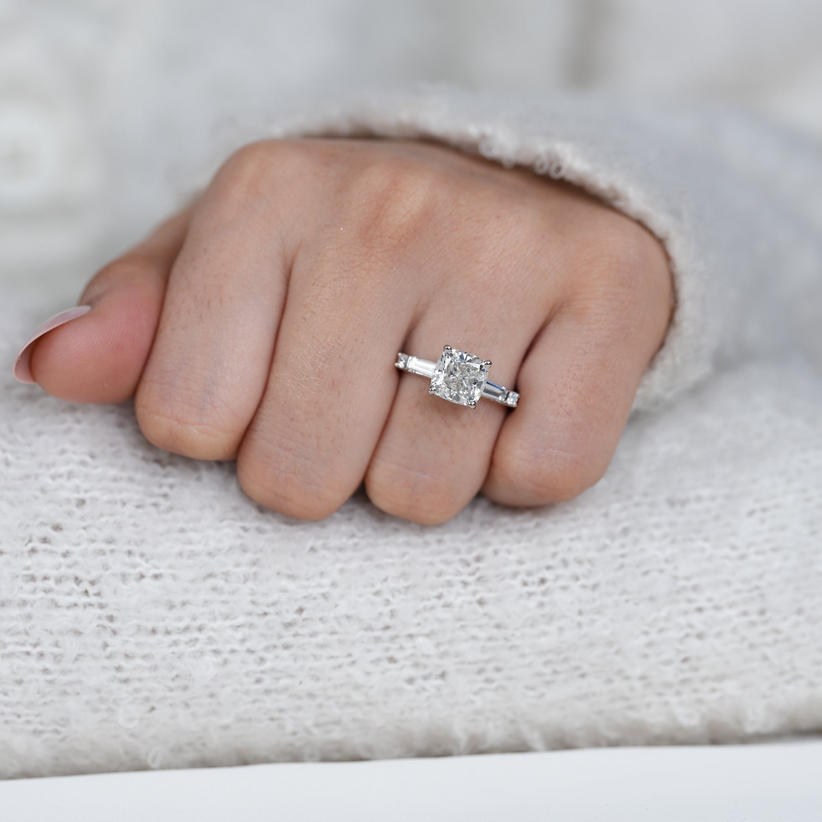 Minimalist cushion lab grown diamond solitaire with baguette shoulders