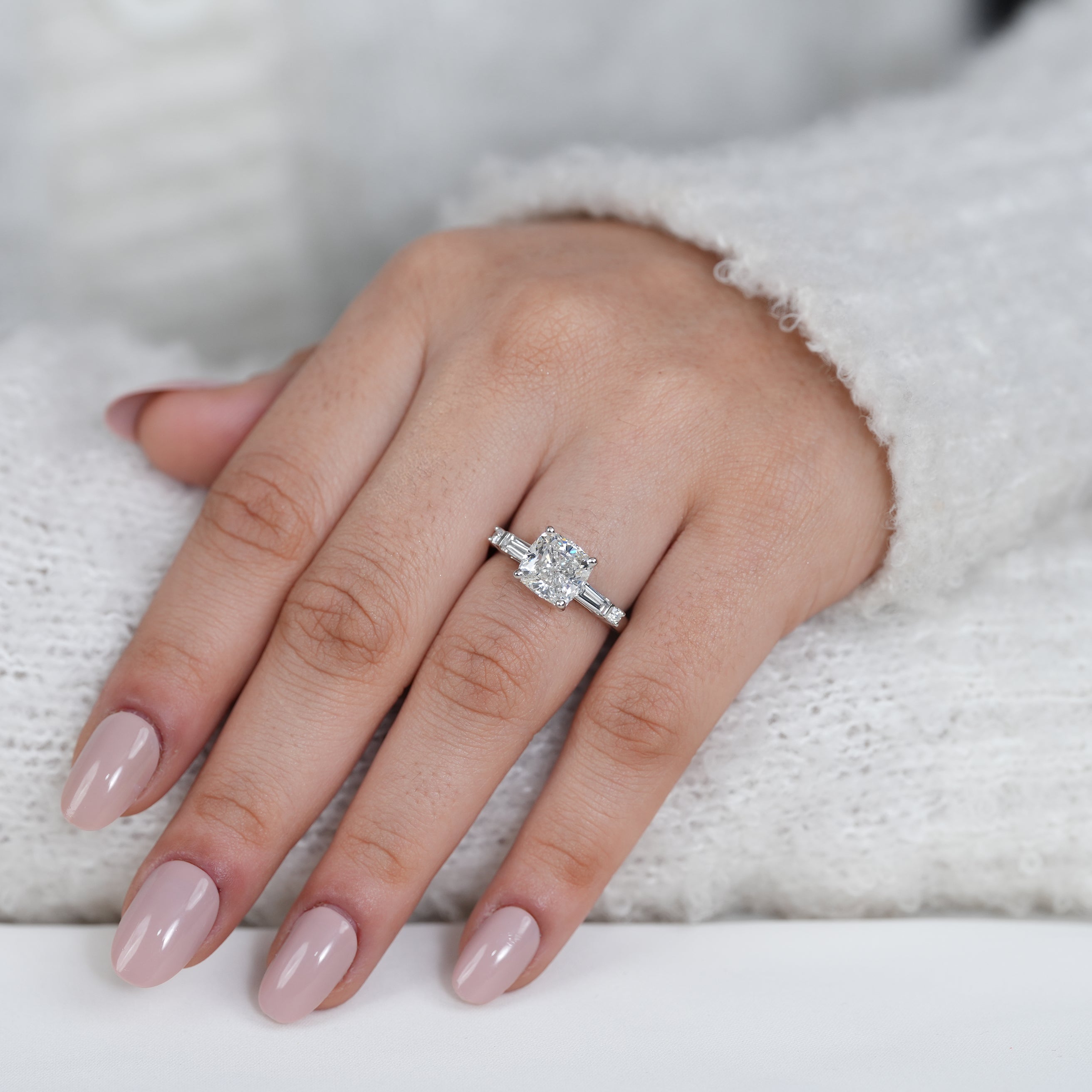 Statement cushion lab grown diamond ring with refined side accents