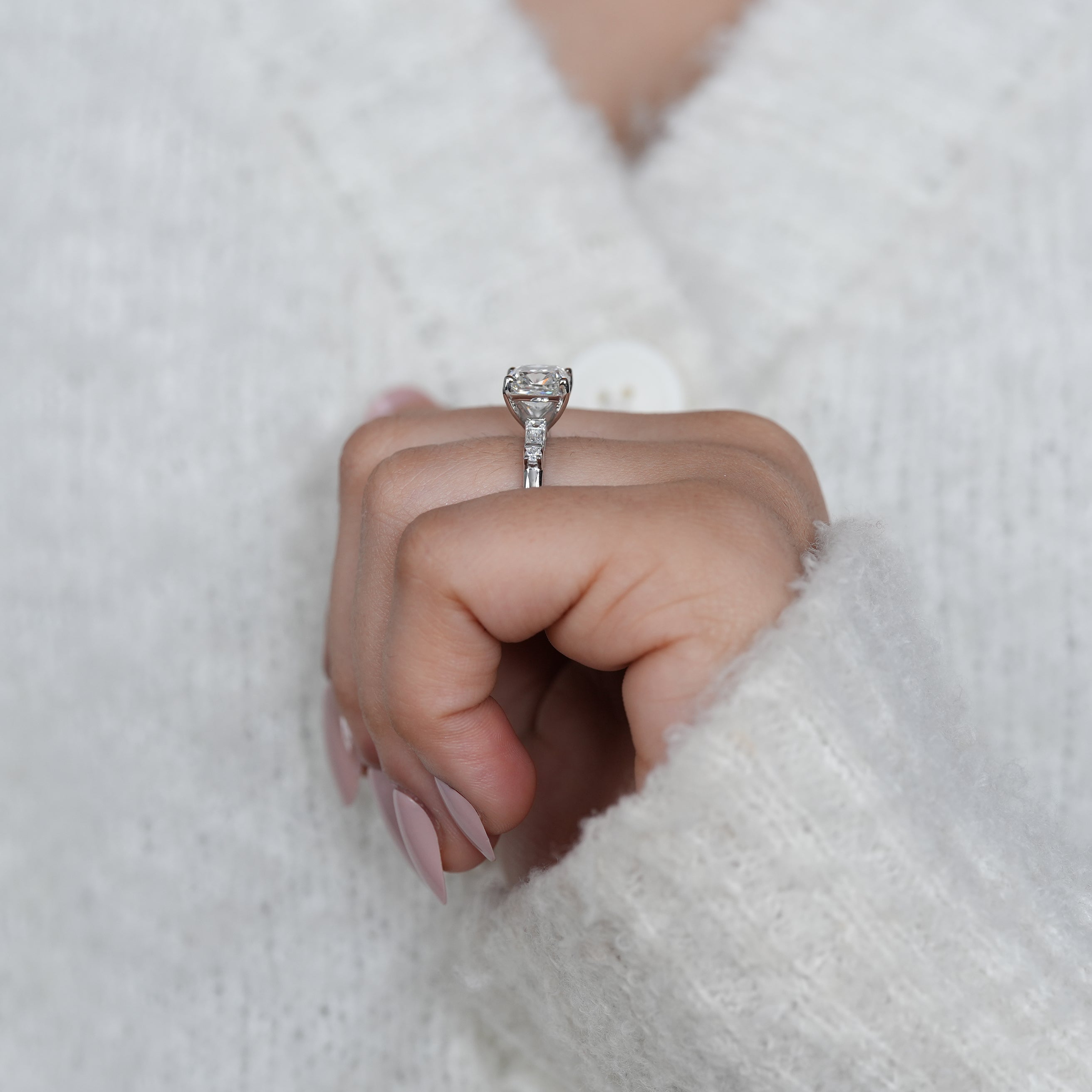 Three Stone Cushion Cut Lab Diamond Engagement Ring