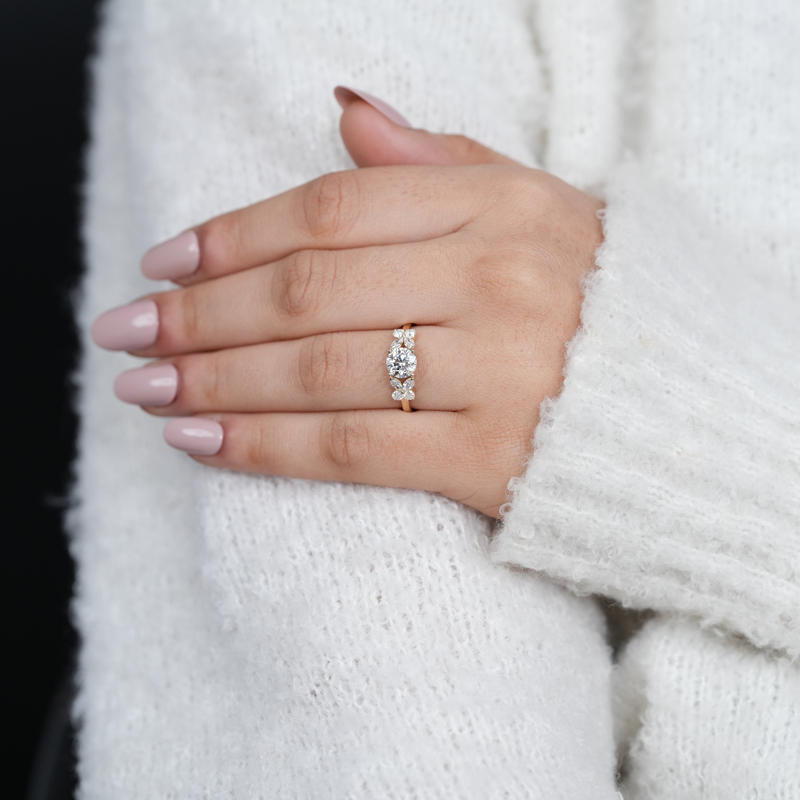 Luxury round lab grown diamond ring with nature inspired design