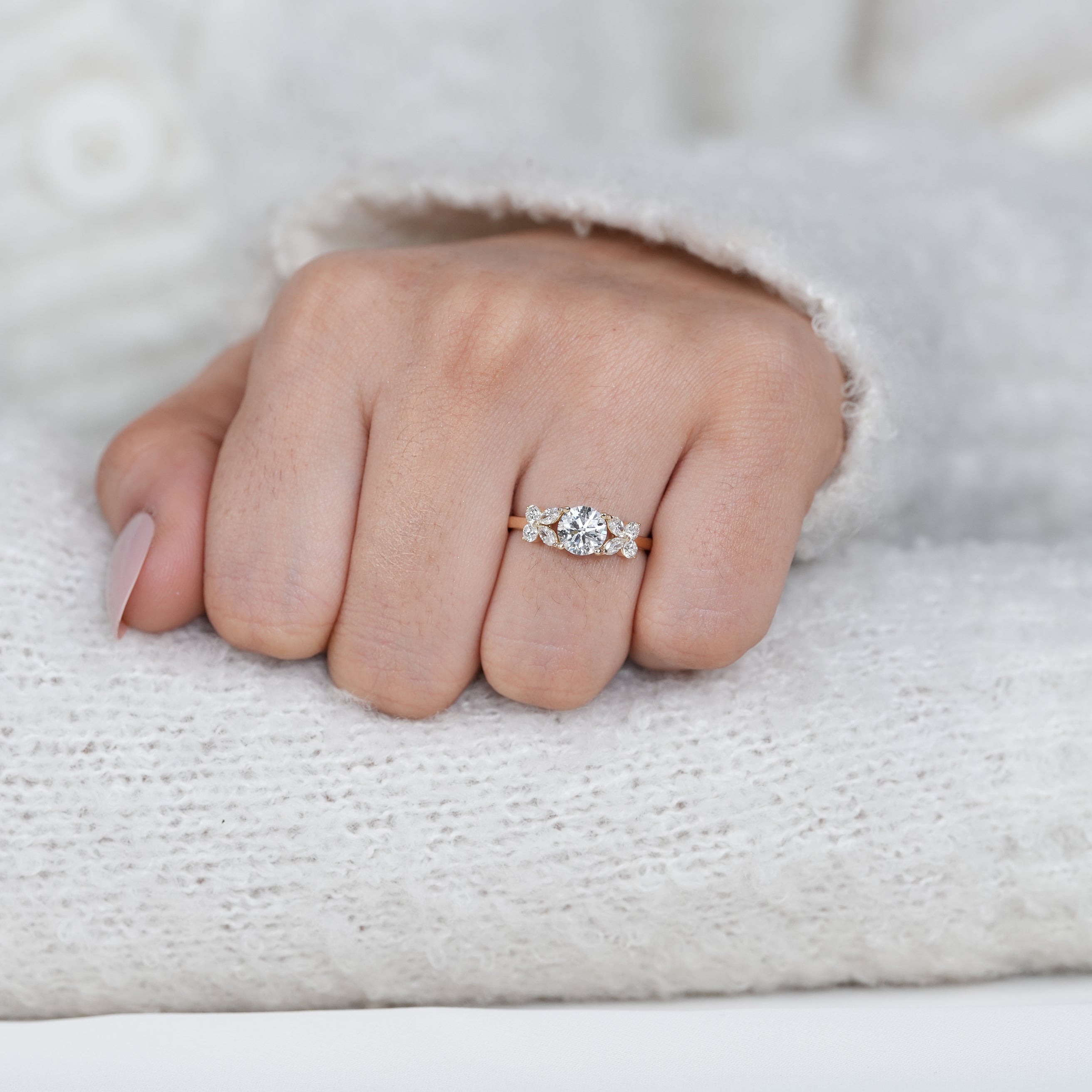 Vintage style round lab grown diamond ring with marquise details