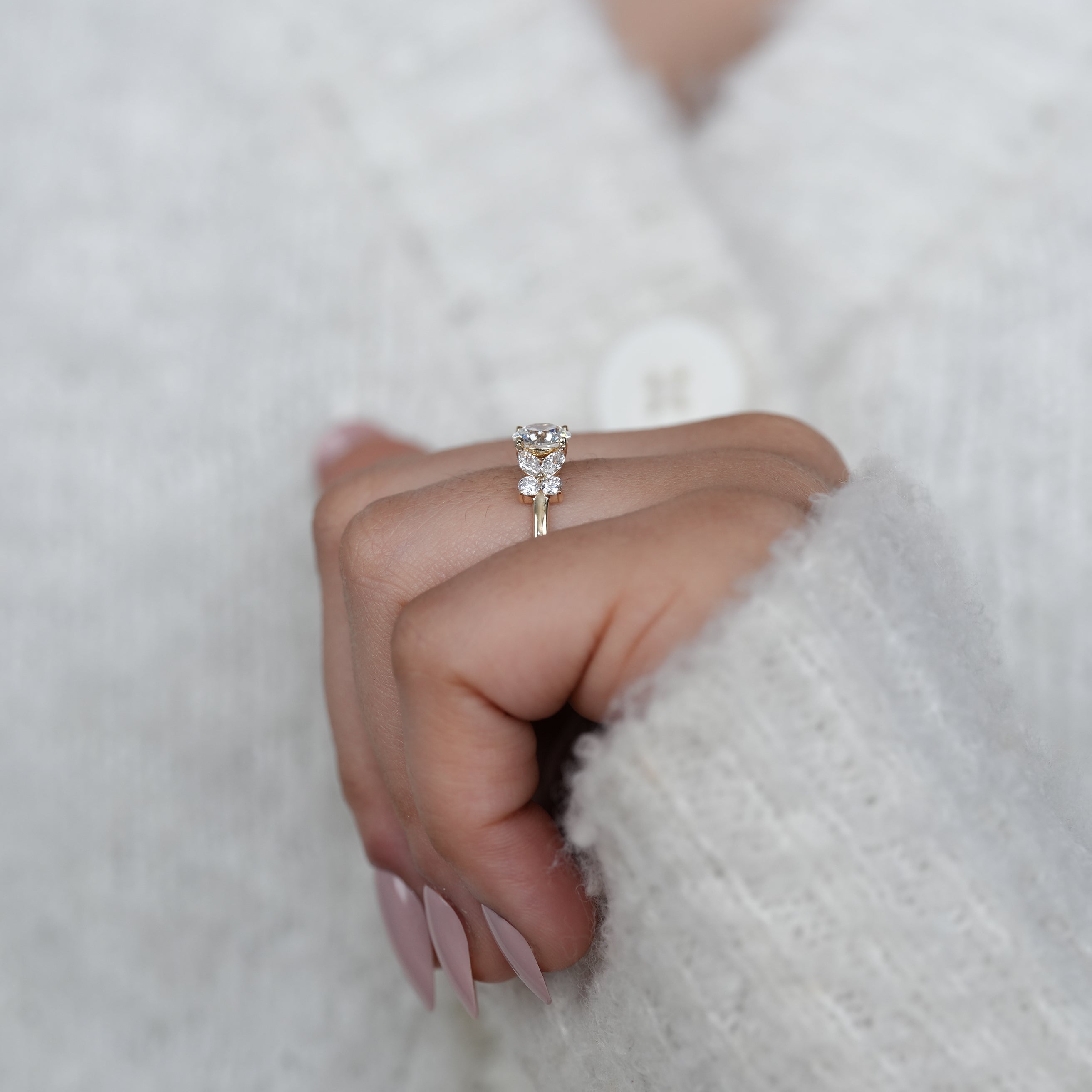 Floral Inspired Round Lab Diamond Cluster Engagement Ring