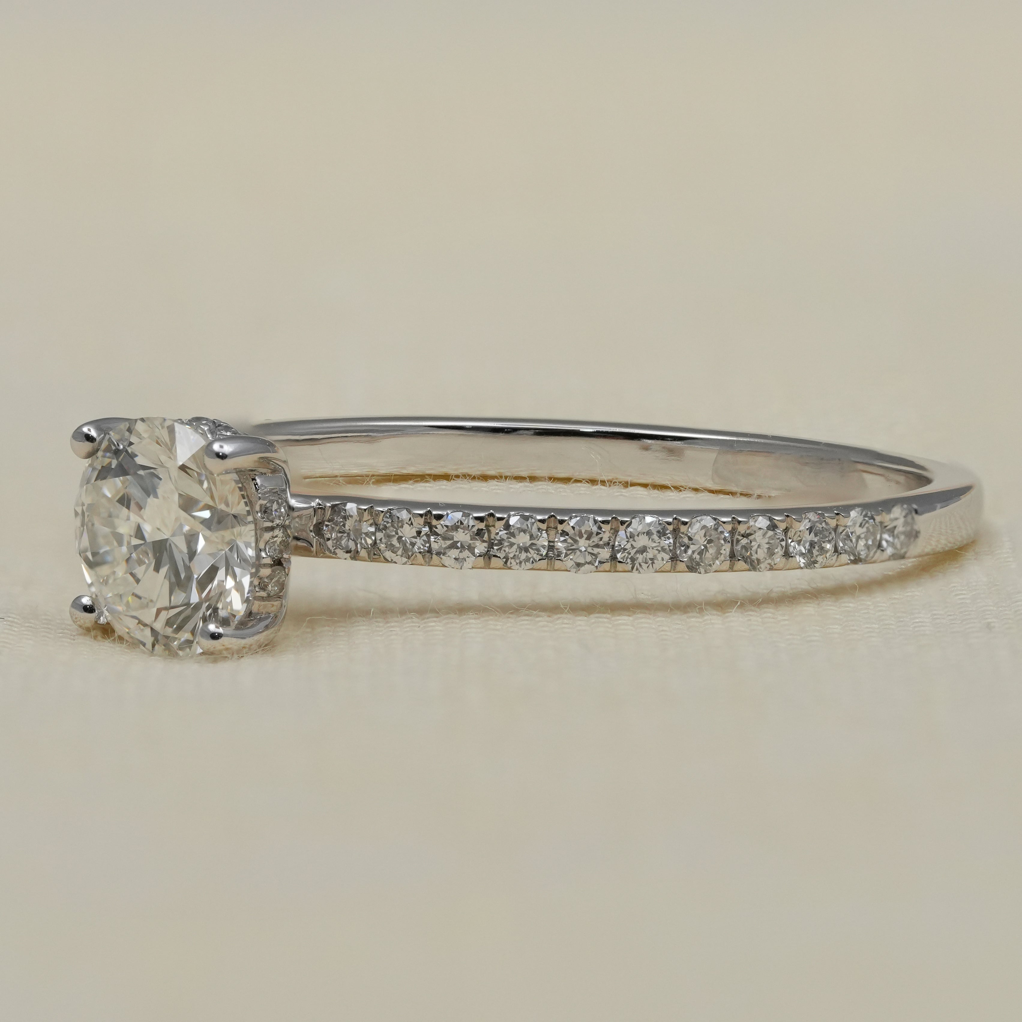 Classic round lab grown diamond ring white gold pavé shoulders