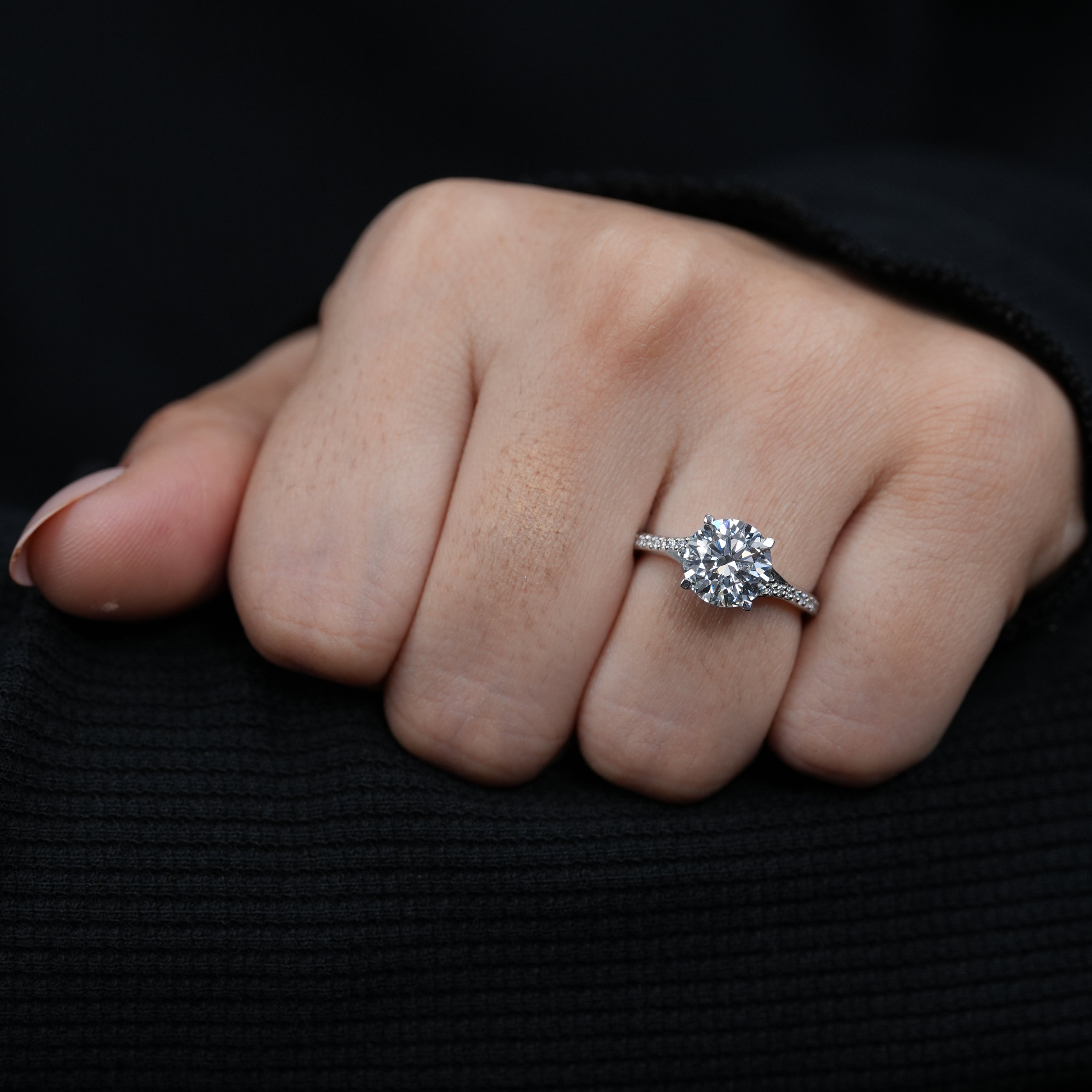 Modern round lab grown diamond solitaire engagement ring slim pavé