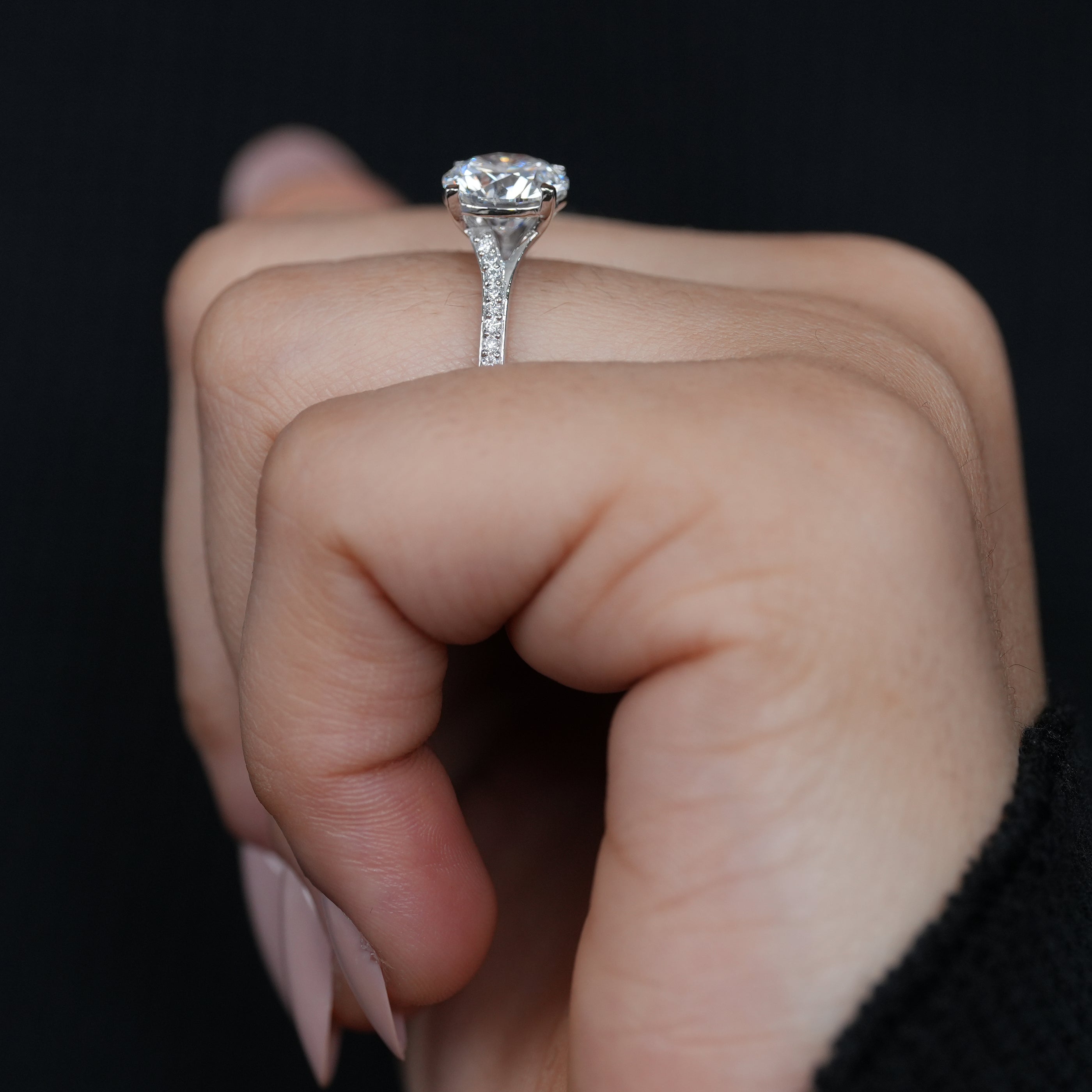 Designer round lab grown diamond engagement ring sparkling pavé band