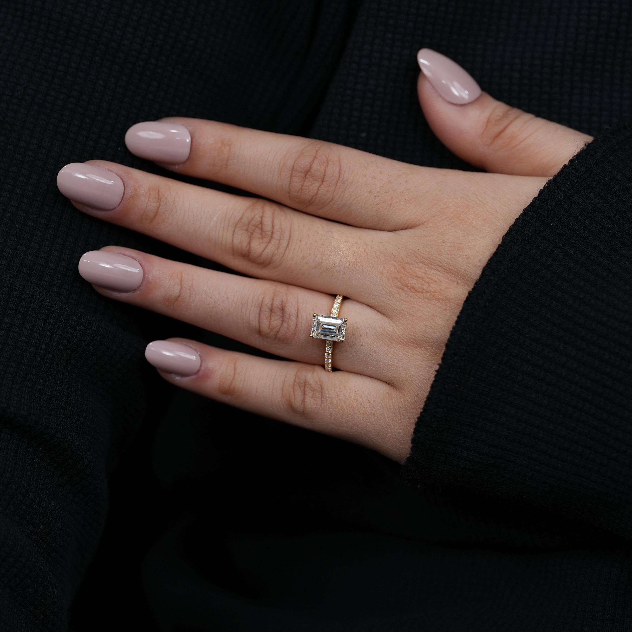 Emerald Diamond Solitaire Accent Hidden Halo Engagement Ring