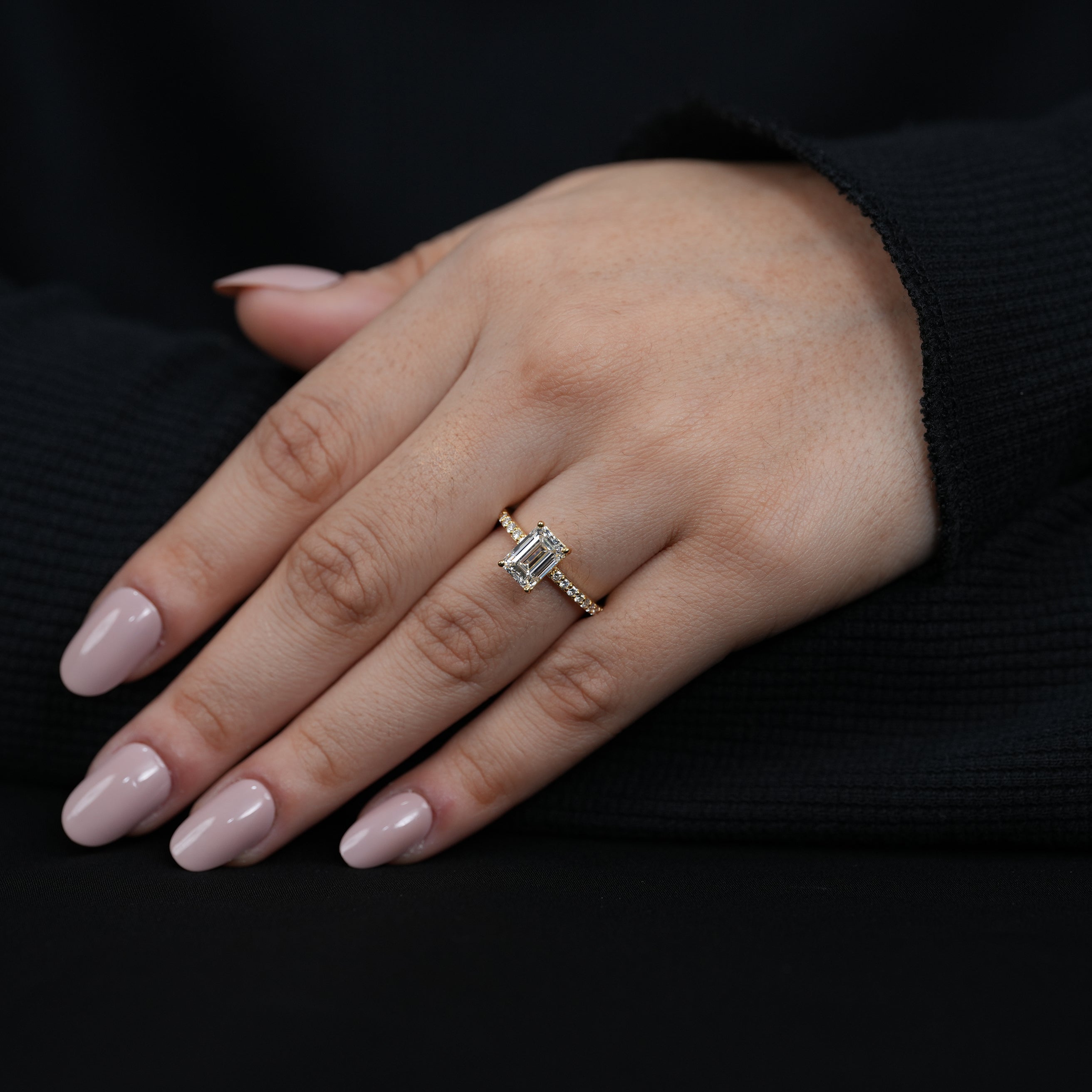 Emerald Diamond Solitaire Accent Hidden Halo Engagement Ring