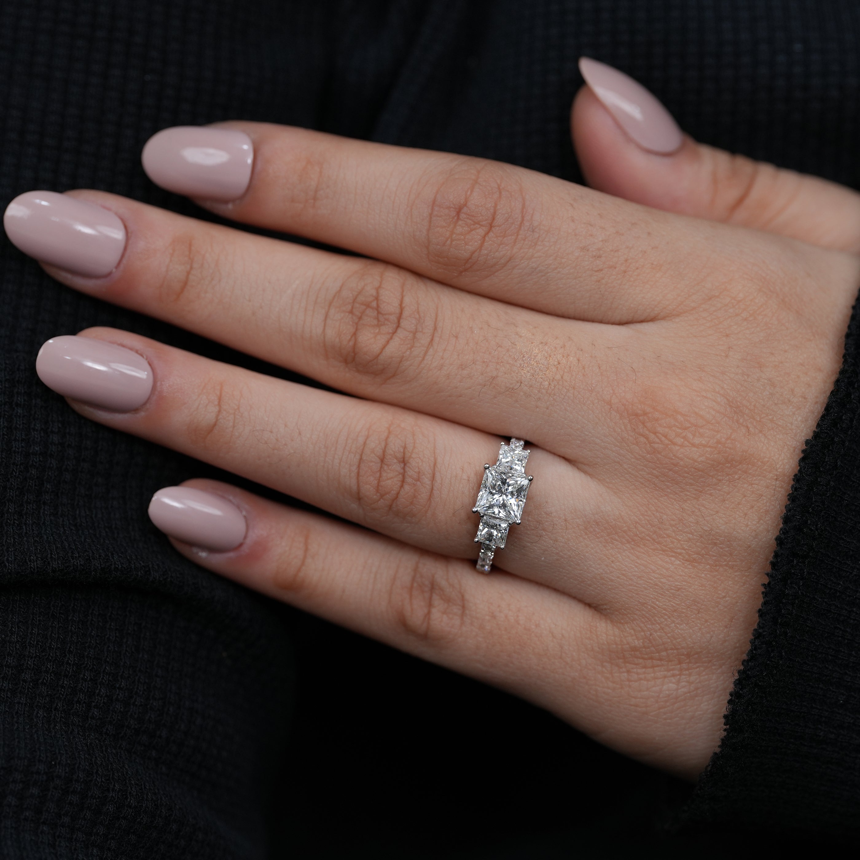 Luxury princess cut lab grown diamond trilogy engagement ring white gold