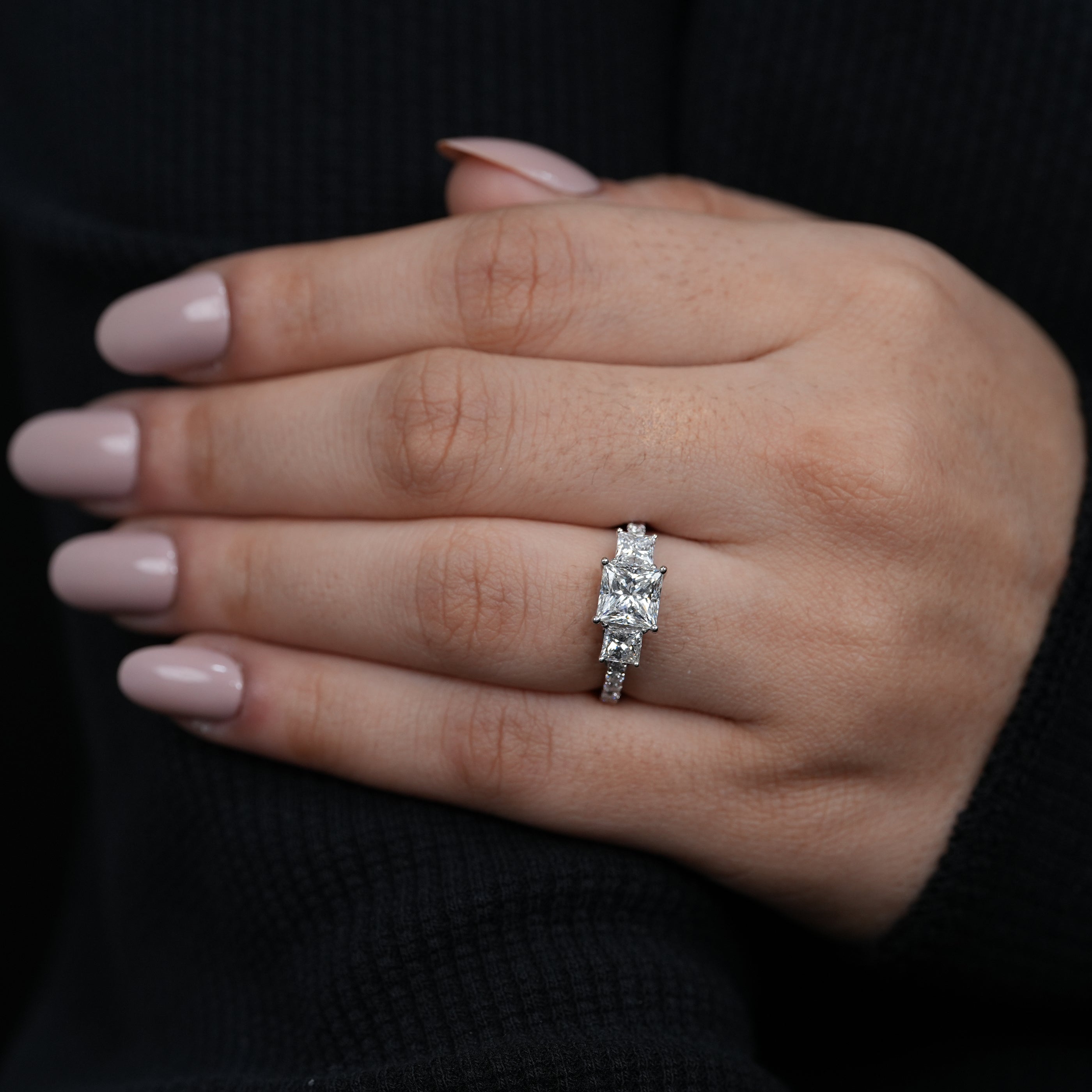 Modern three stone princess lab grown diamond ring elegant pavé band