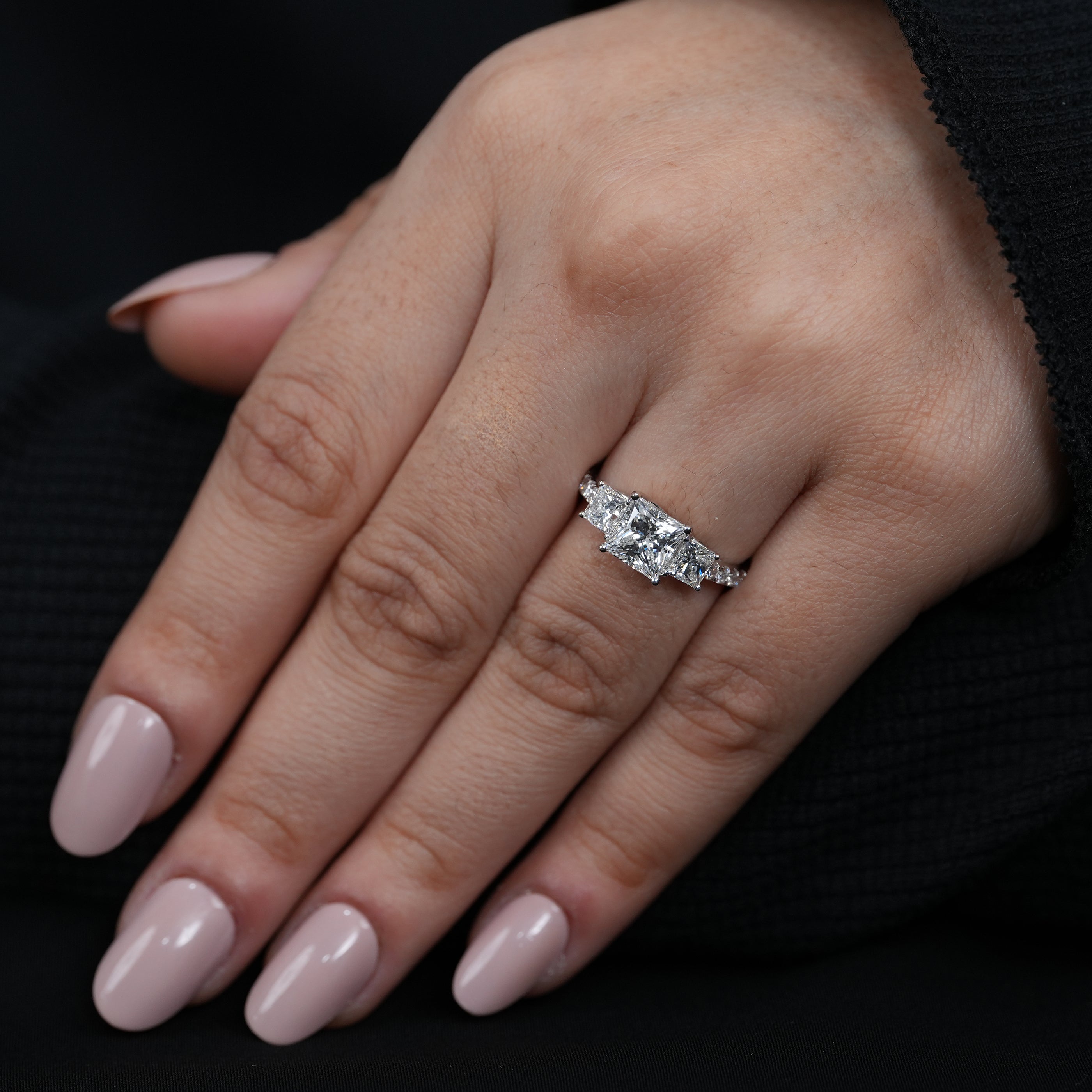 Classic trilogy princess lab grown diamond engagement ring polished white gold
