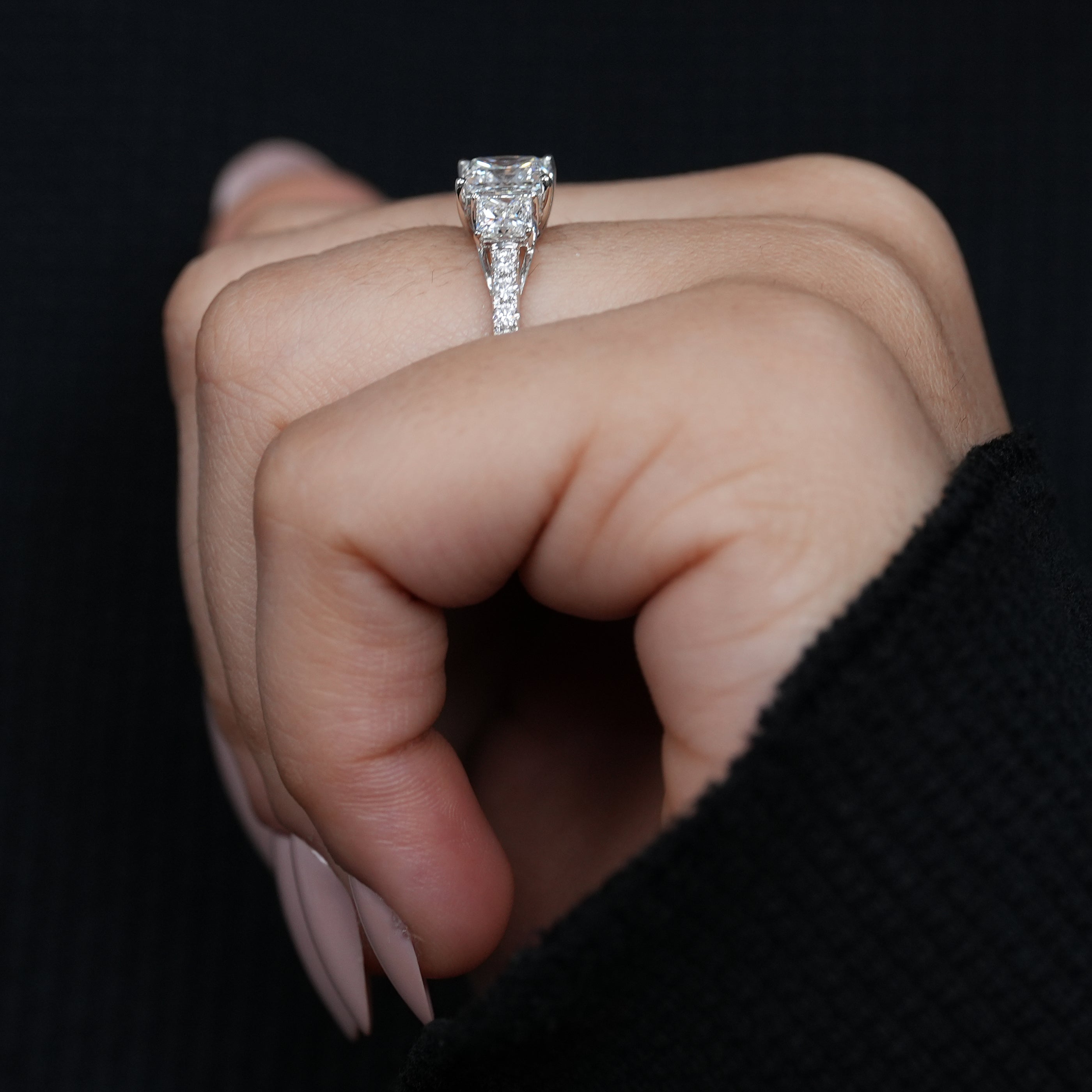 Designer three stone princess lab grown diamond ring sparkling pavé shoulders