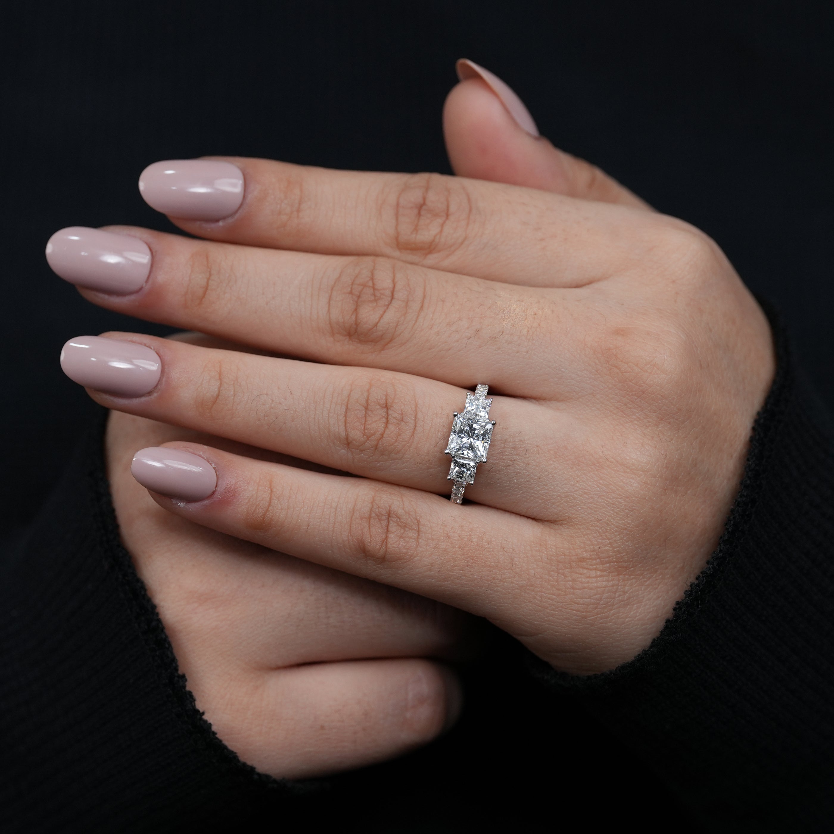 Timeless princess cut lab grown diamond trilogy proposal ring white gold