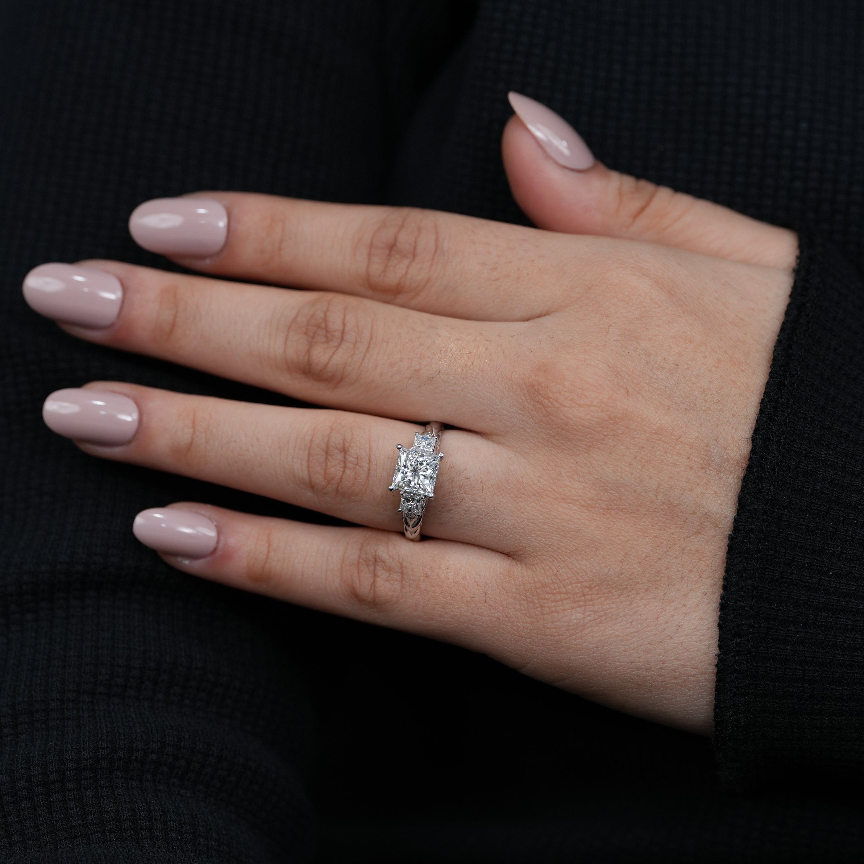 Three stone princess lab grown diamond engagement ring ornate carved band