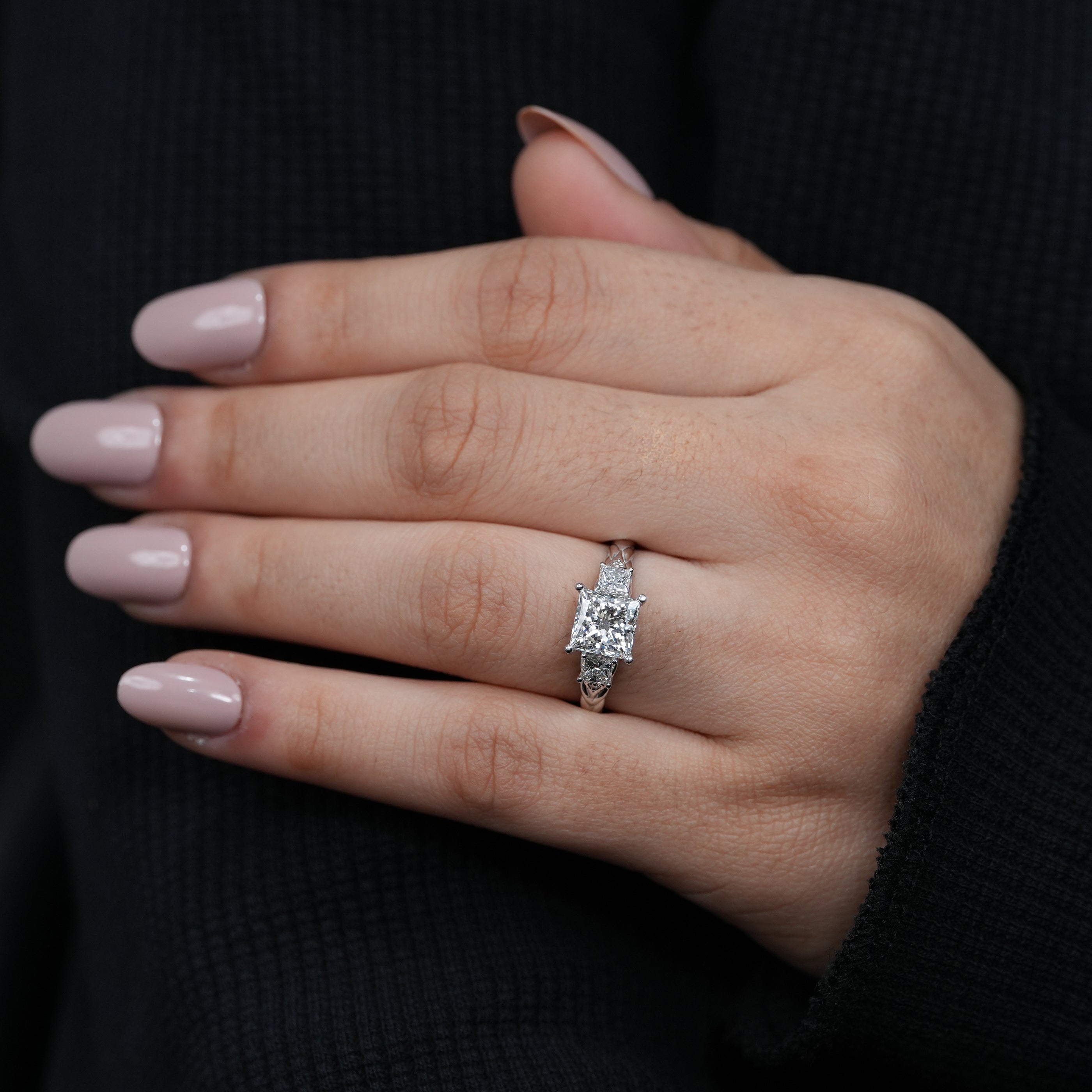 Elegant princess lab grown diamond bridal ring with engraved shank detail