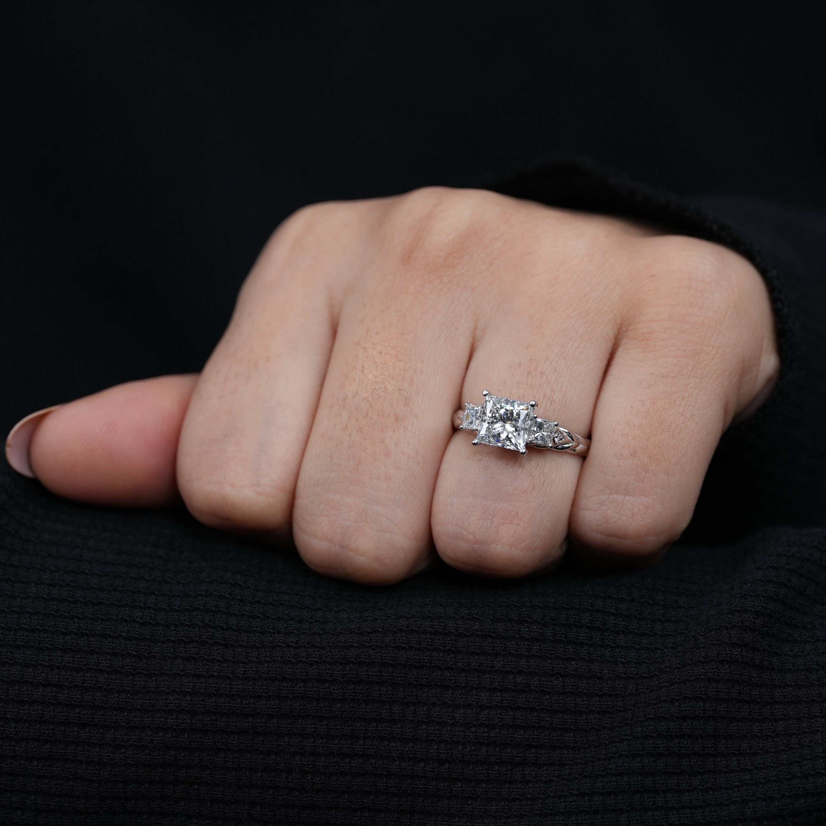 Luxury princess lab grown diamond engagement ring sculpted white gold band