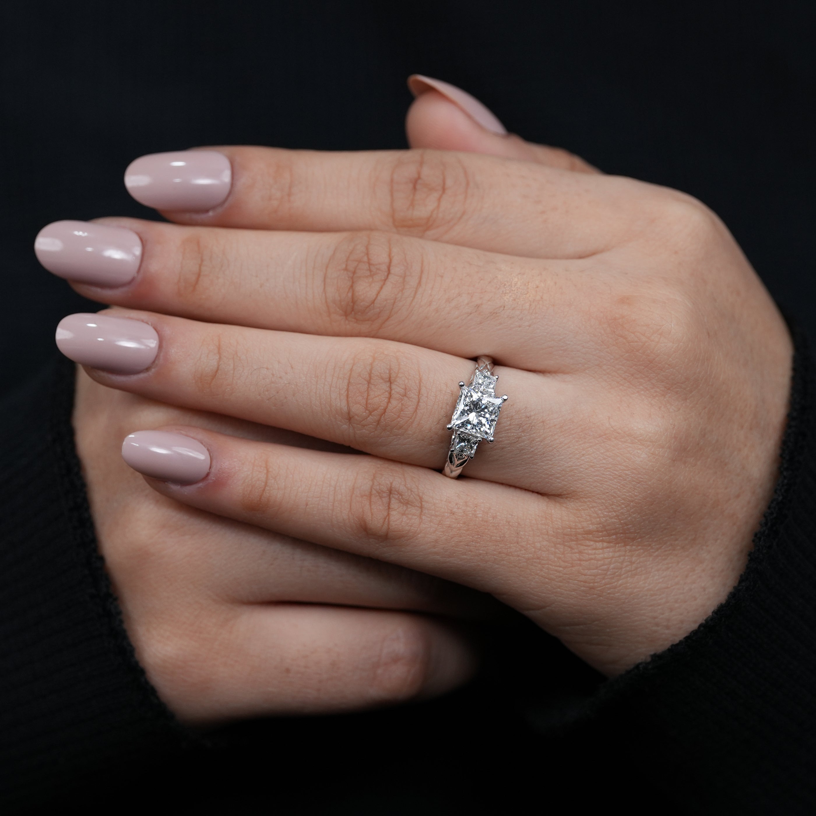 Classic three stone princess lab grown diamond proposal ring vintage style