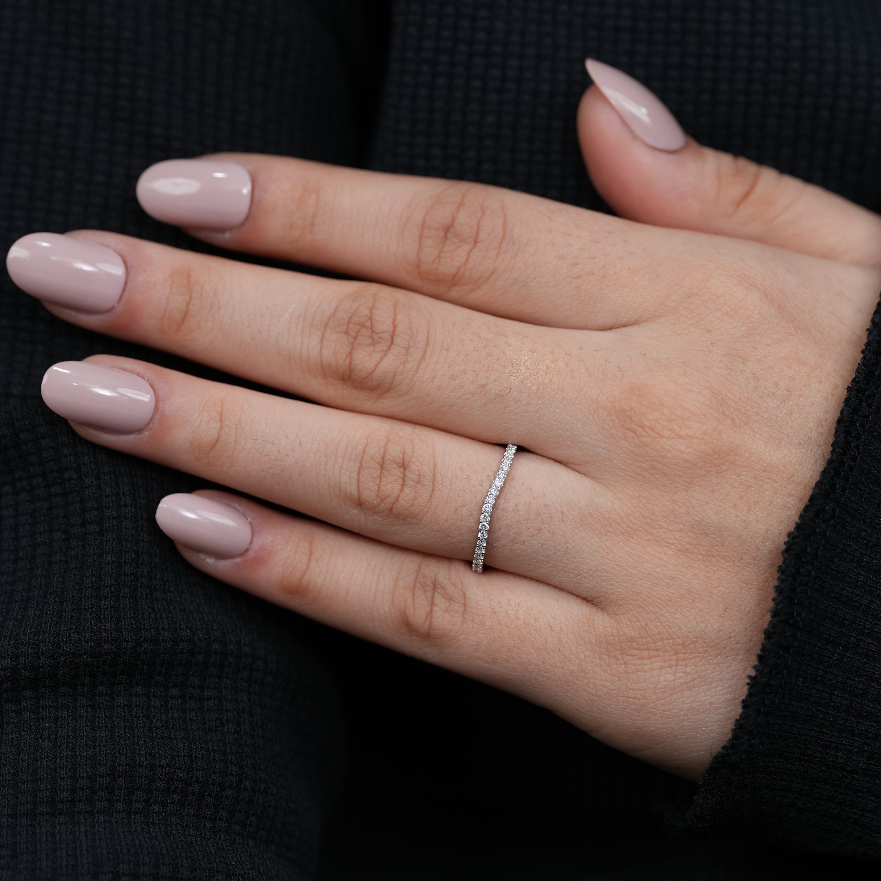 Minimalist curved lab grown diamond wedding ring fine white gold