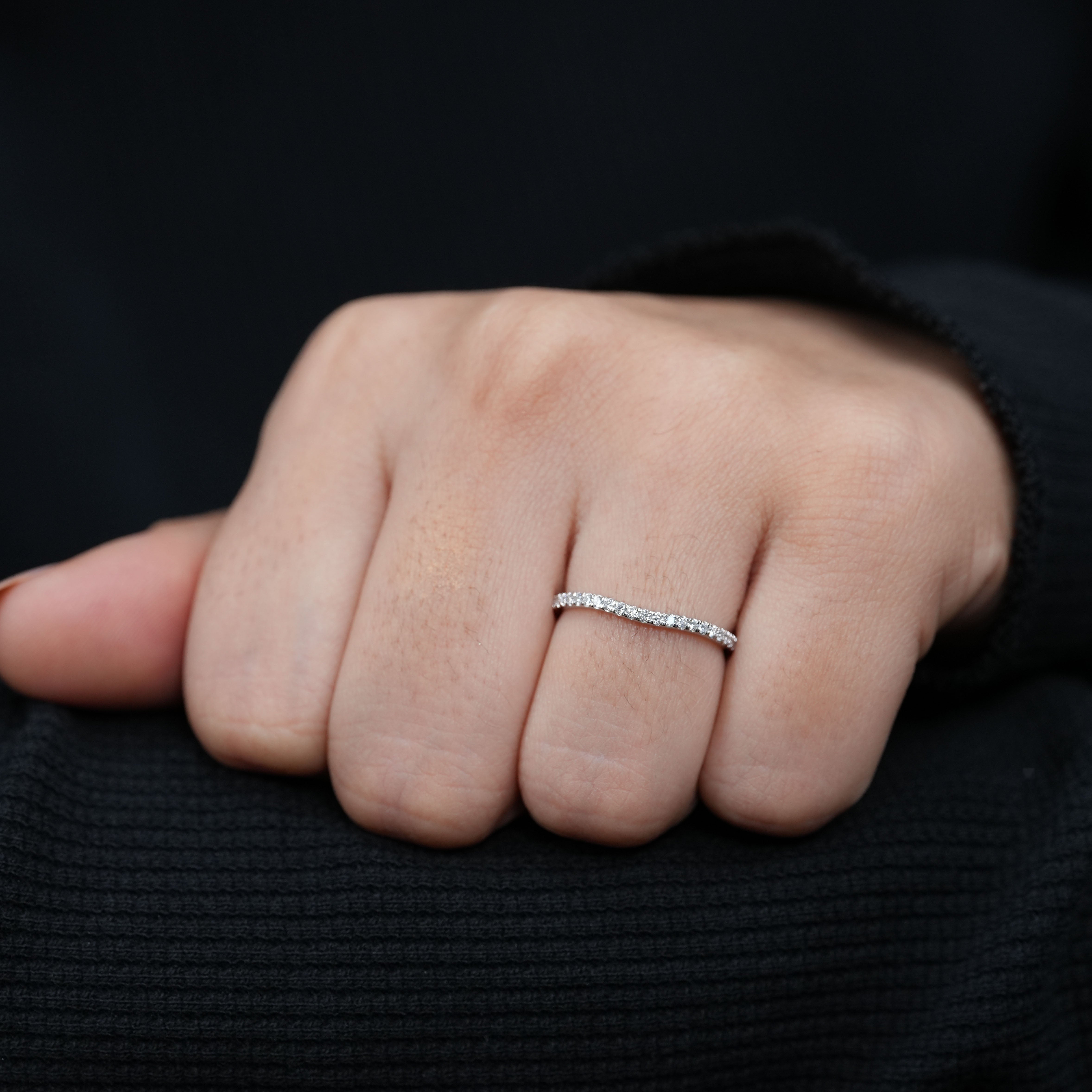 Delicate white gold lab grown diamond wedding band curved profile