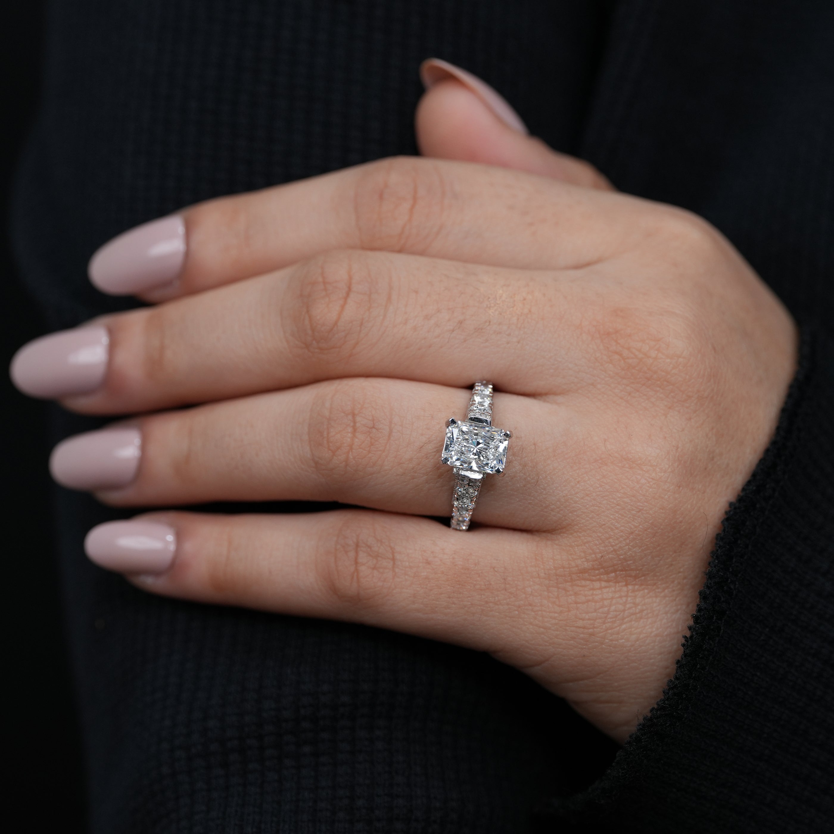 Luxury radiant lab grown diamond engagement ring classic four prong setting.