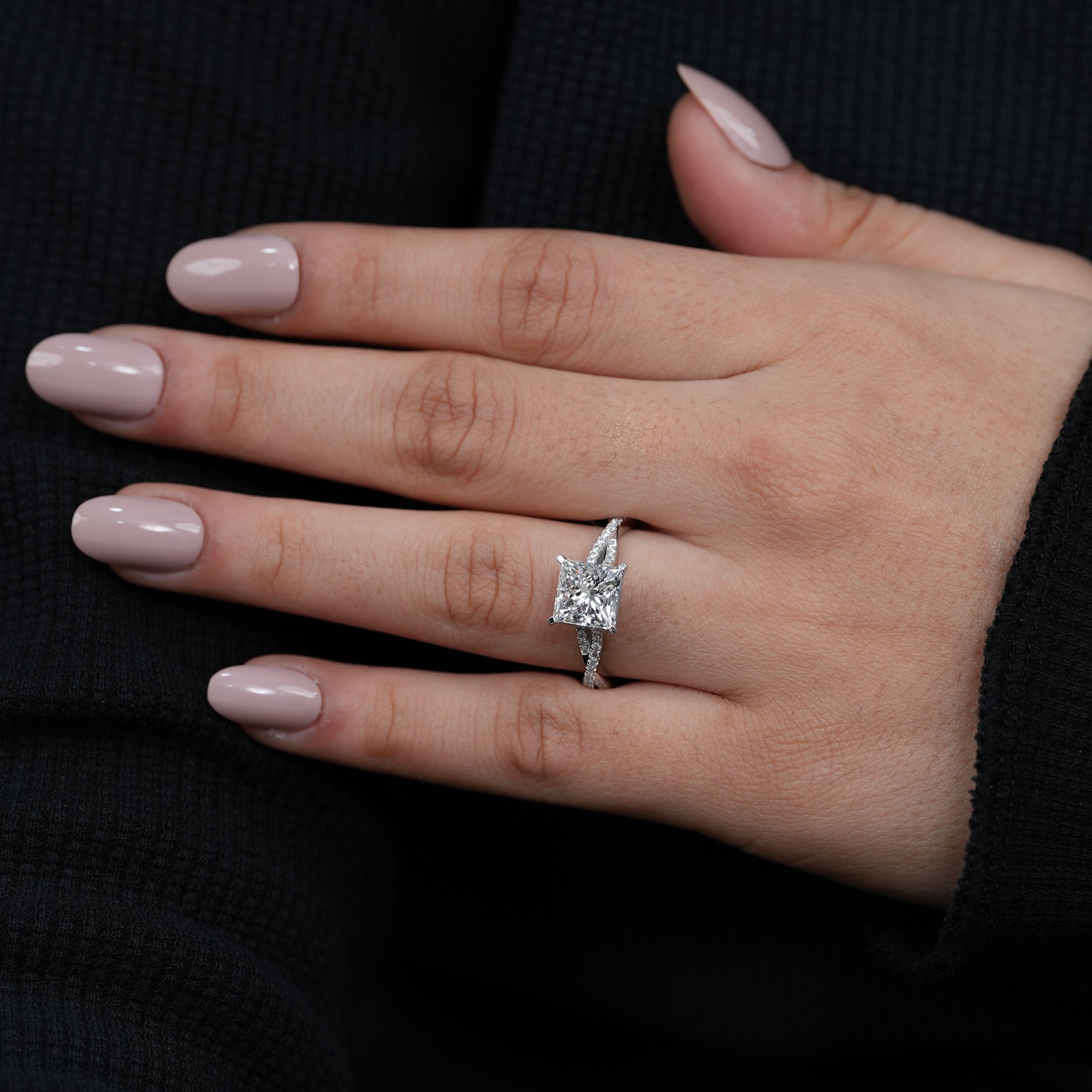 Modern princess lab grown diamond solitaire ring sparkling crossover pavé band