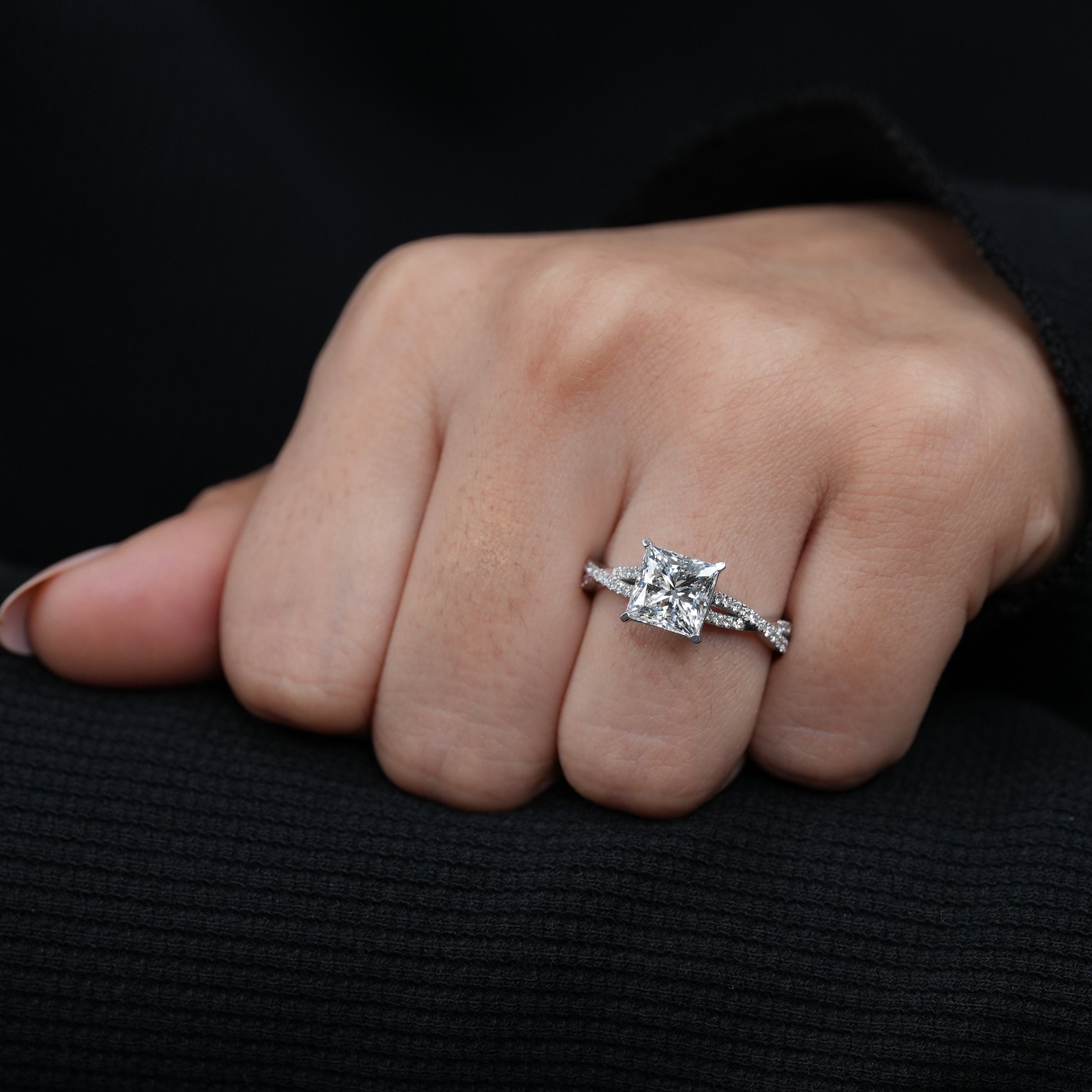 Luxury princess lab grown diamond proposal ring delicate twisted pavé shoulders