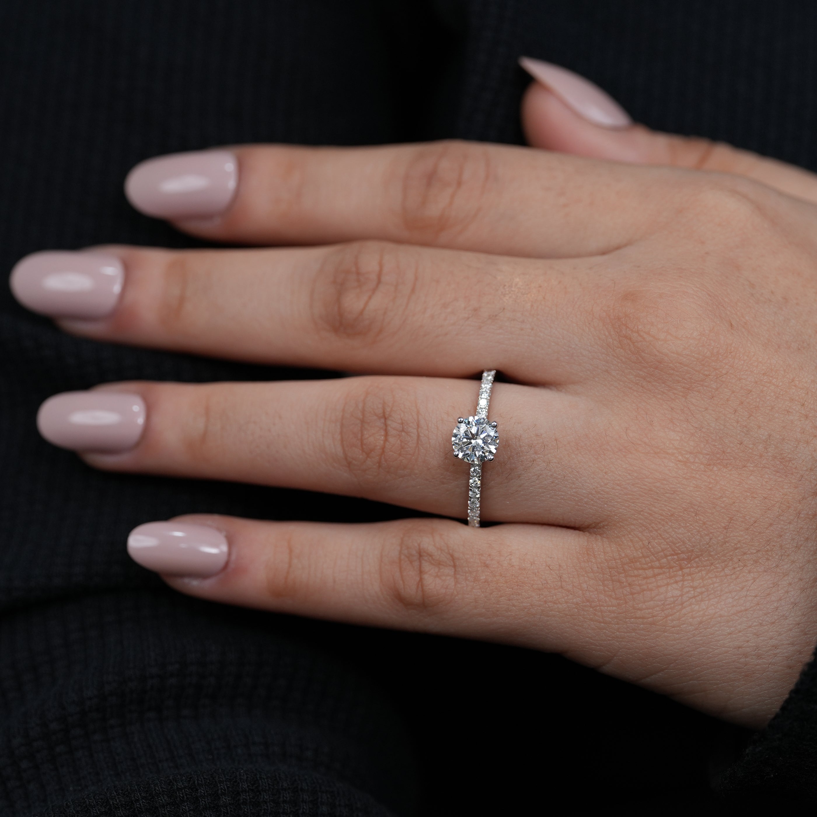 Minimalist round lab grown diamond engagement ring slim pavé band