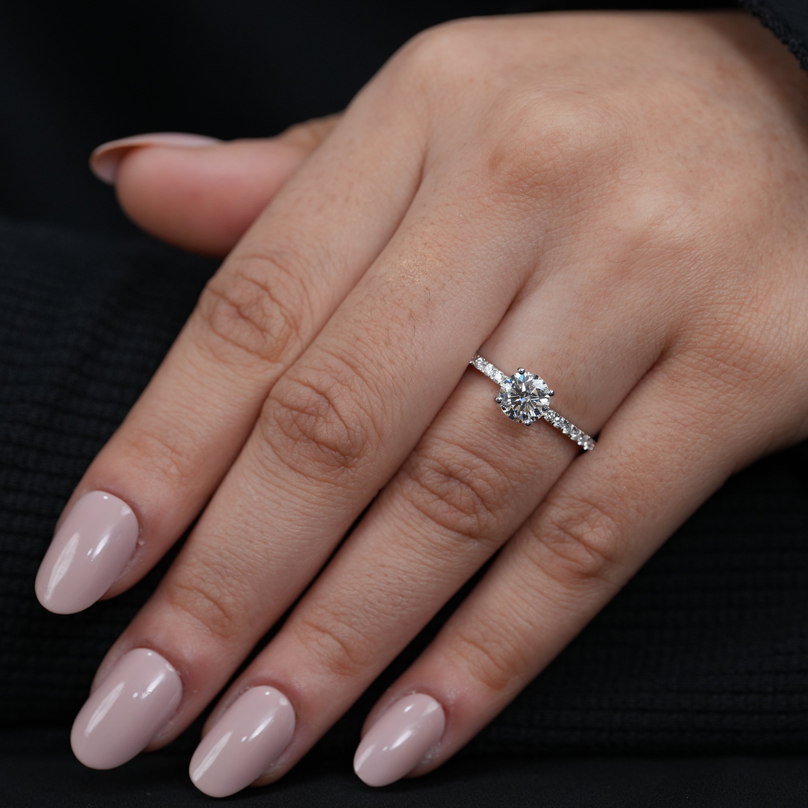 Modern round lab grown diamond engagement ring sleek white gold band