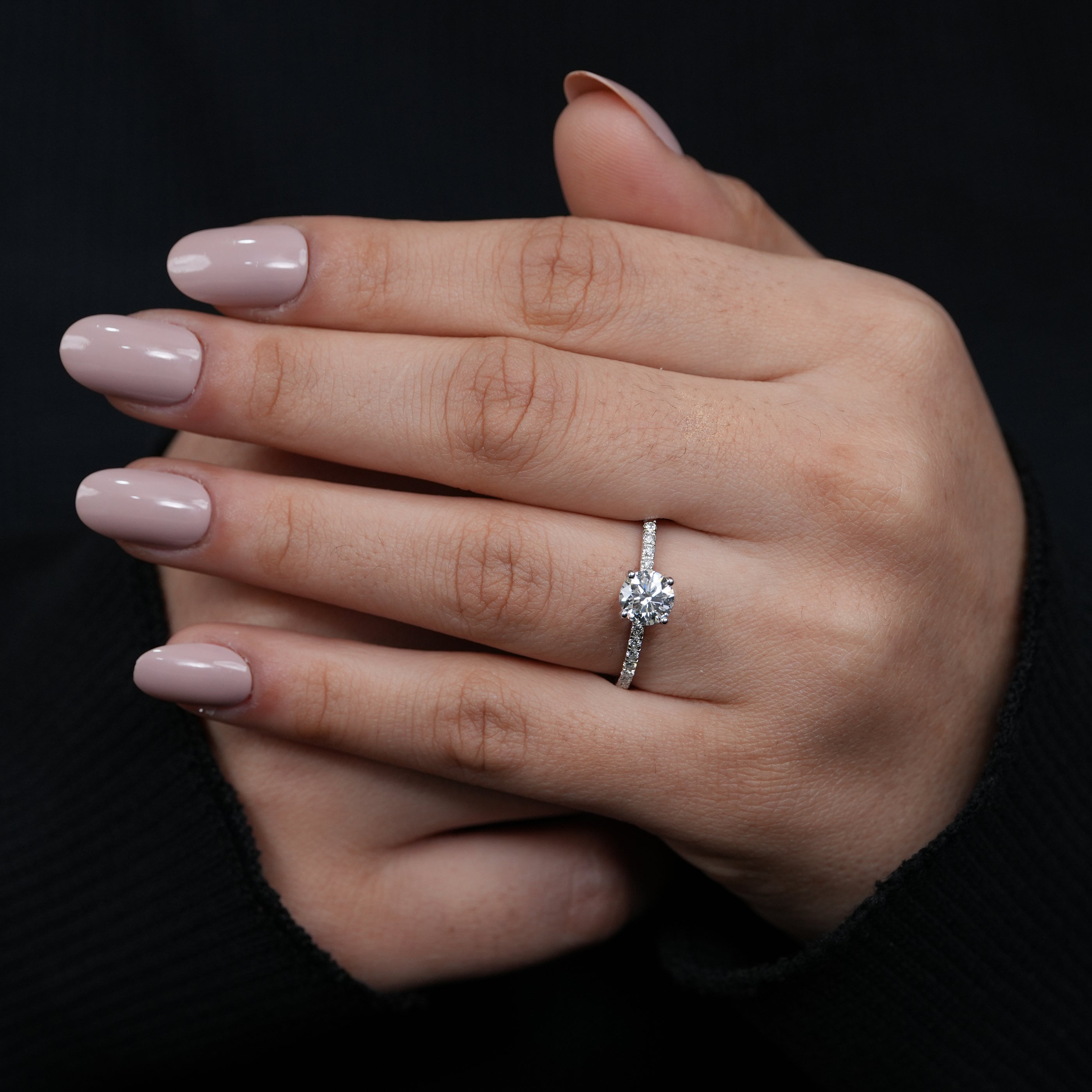 Luxury round lab grown diamond engagement ring slim pavé shank
